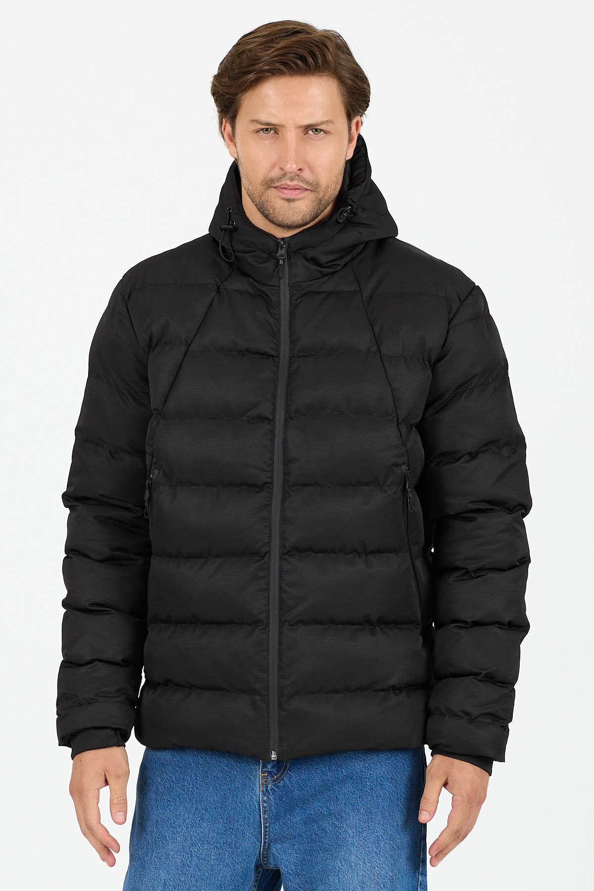 Regular Fit Kapüşonlu Rüzgara ve Suya Dayanıklı Erkek Şişme Mont - B8151 - Siyah