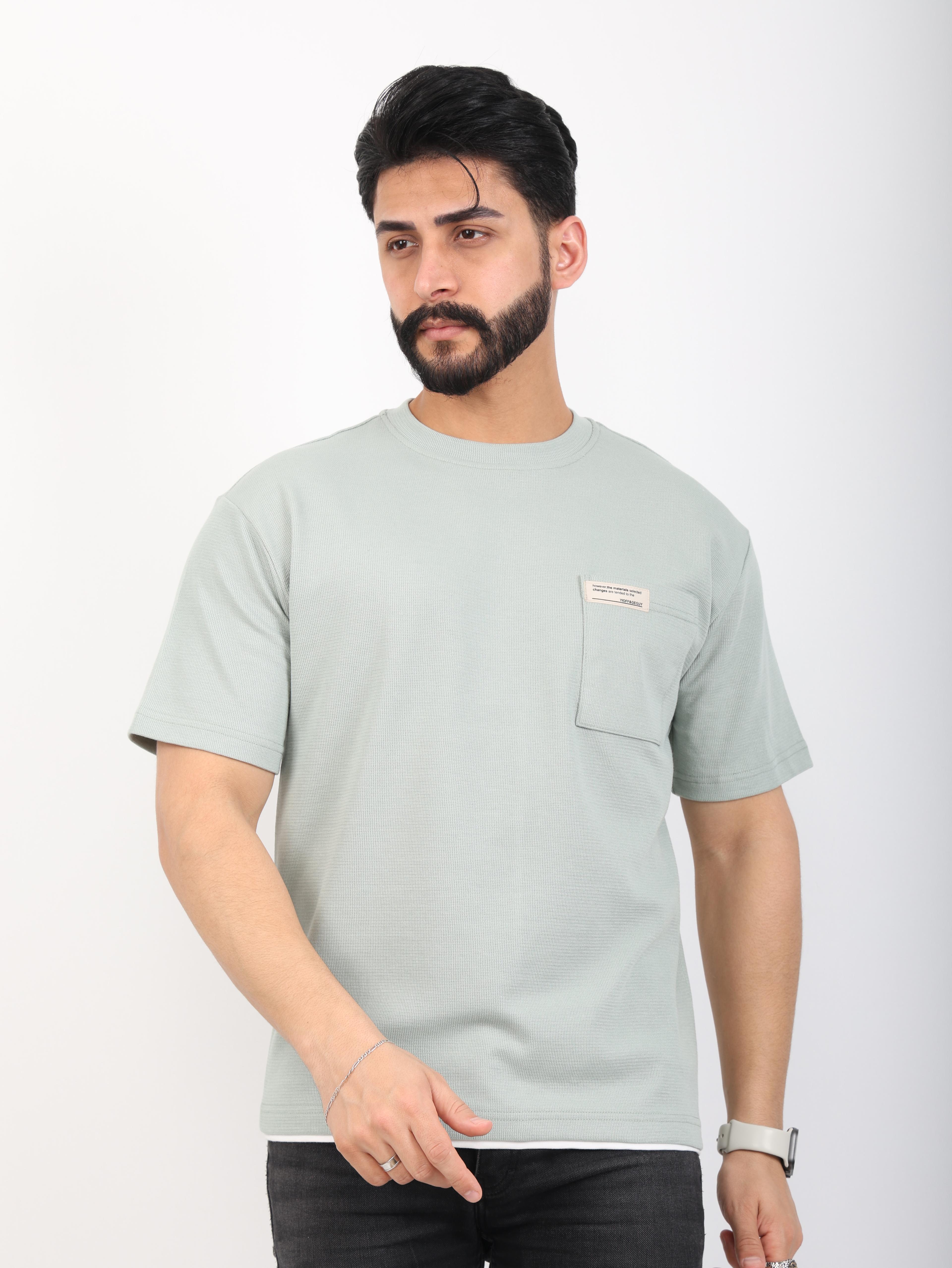Erkek Bisiklet Yaka Cepli Oversize Tişört - Yeşil