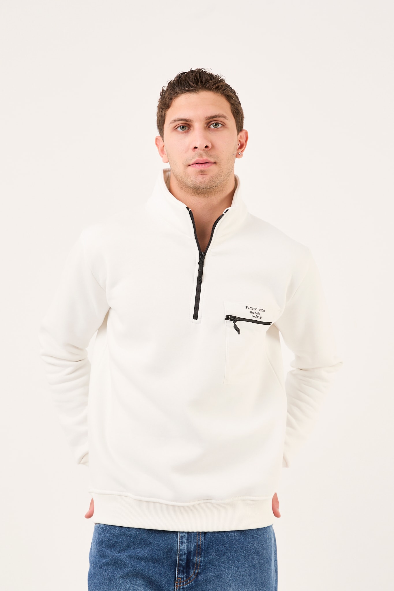 Regular/Normal Kesim Dik Yaka Fermuarlı Pamuklu Basic Erkek Sweatshirt -R2617