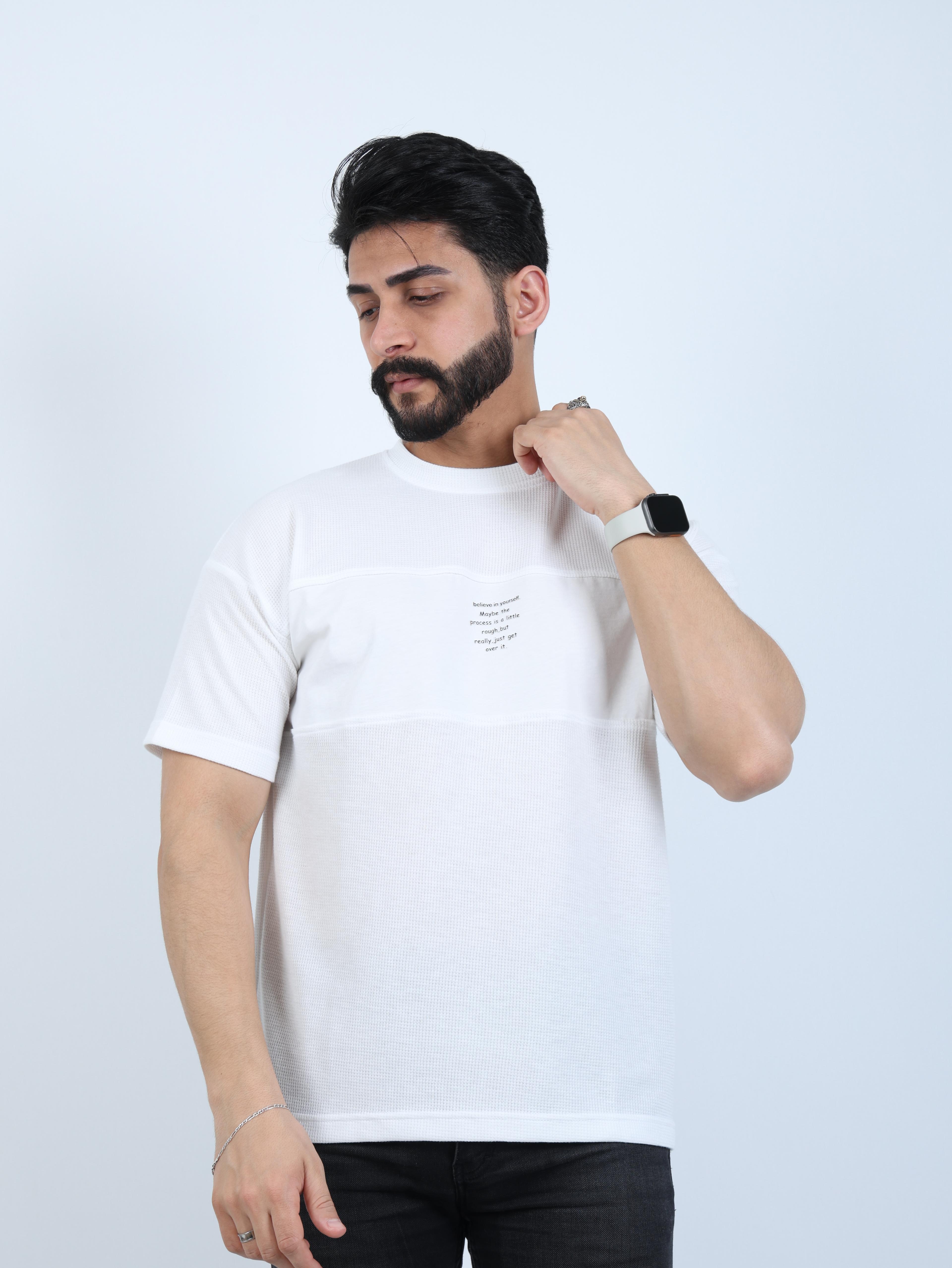 Erkek Bisiklet Yaka Baskılı Oversize Tişört - Beyaz