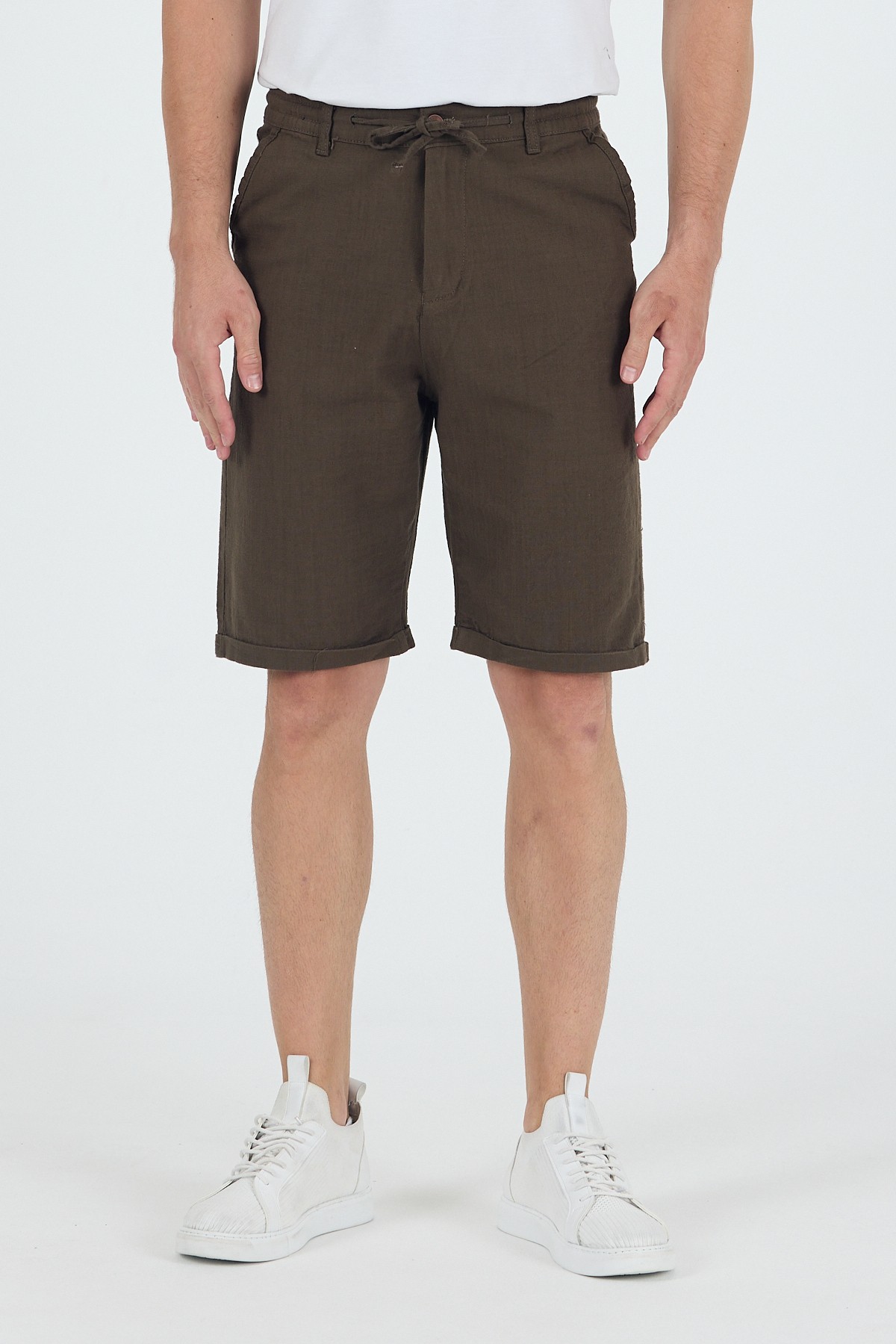 Erkek Slim Fit Keten Chino Şort - Kahverengi