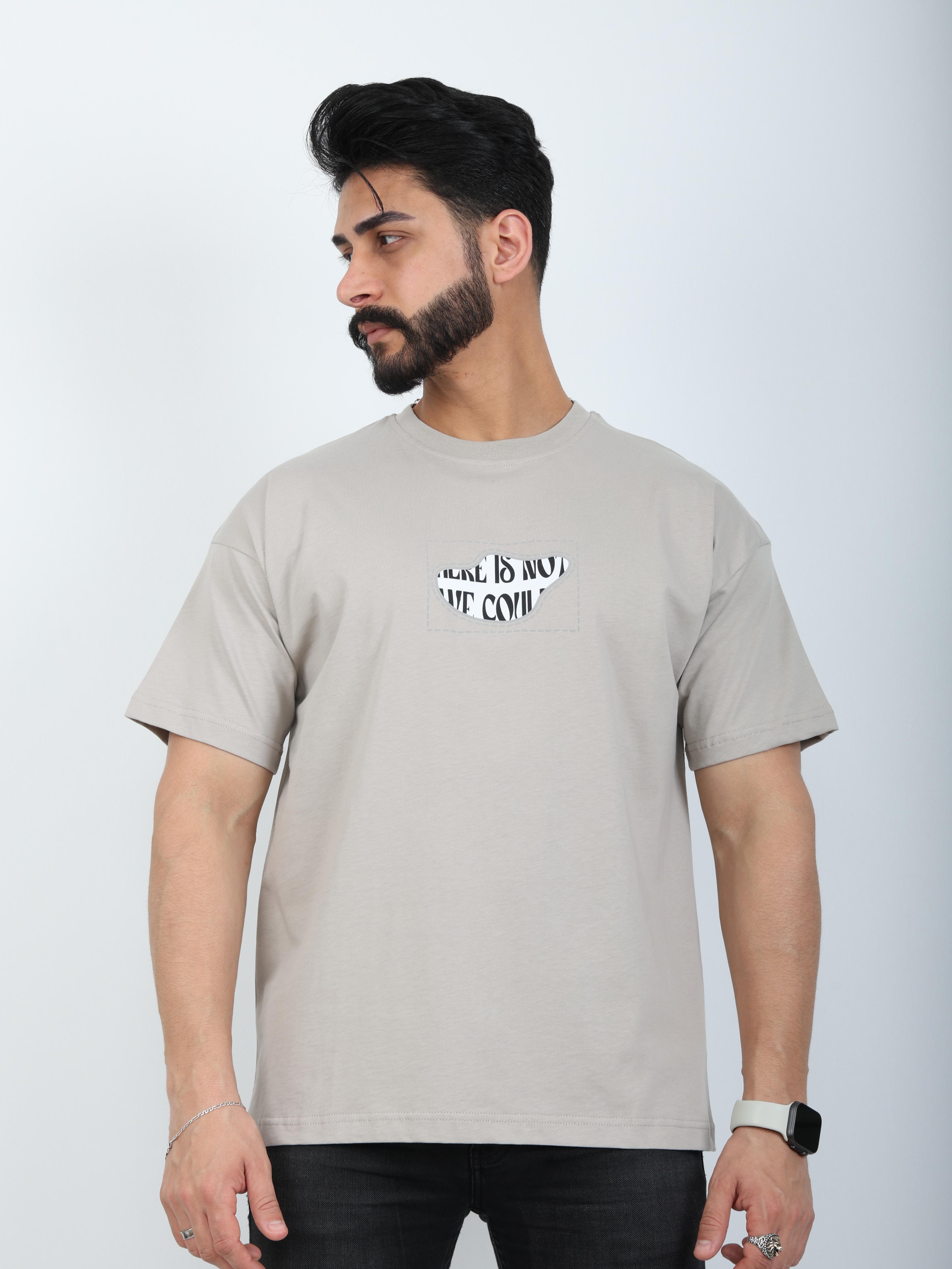 Erkek Bisiklet Yaka Baskılı Oversize Tişört - Bej