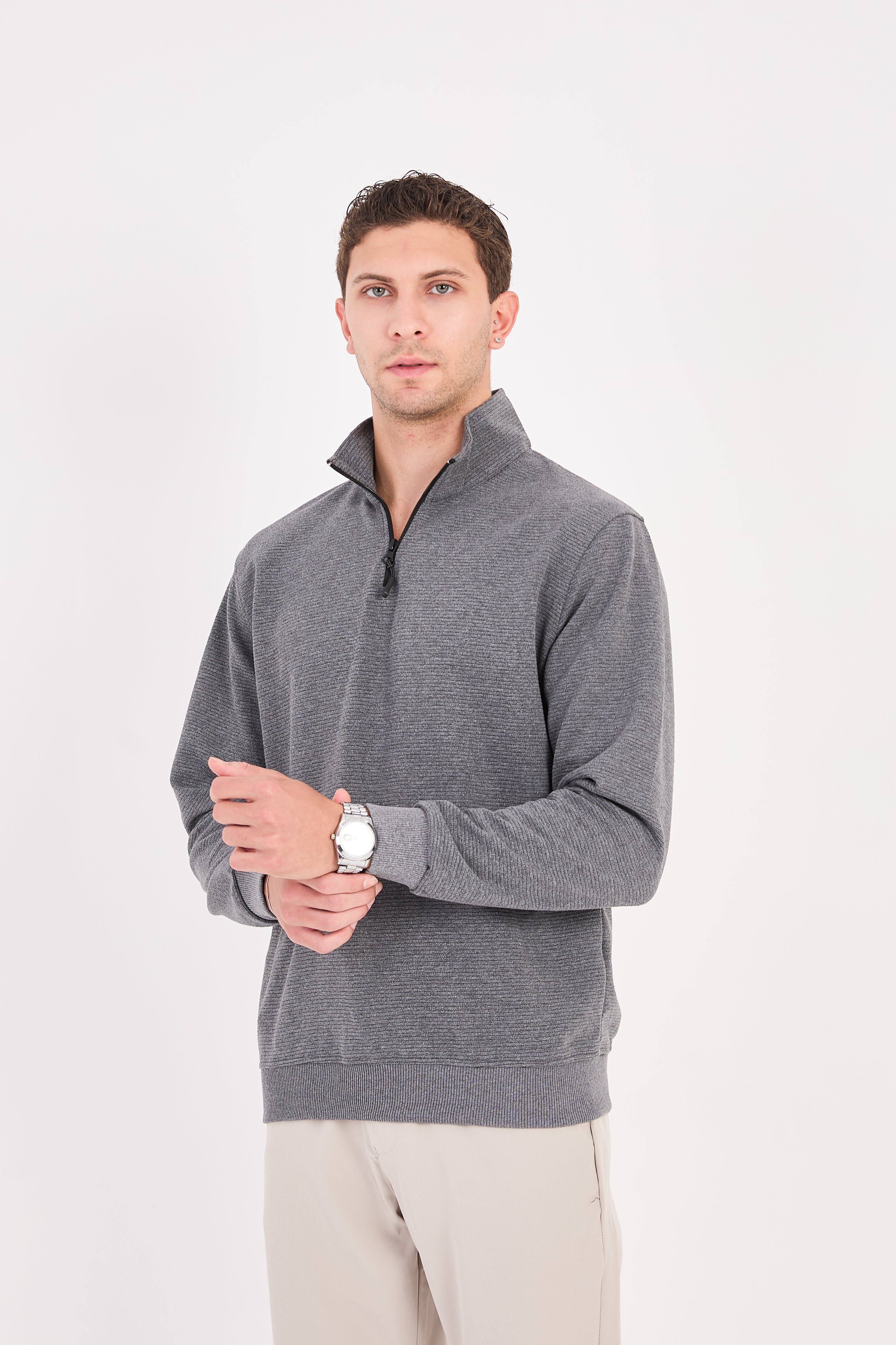 Slim Fit Yarım Balıkçı Yaka Yarım Fermuarlı Düz Renk Erkek Sweatshirt - V002 - Antrasit