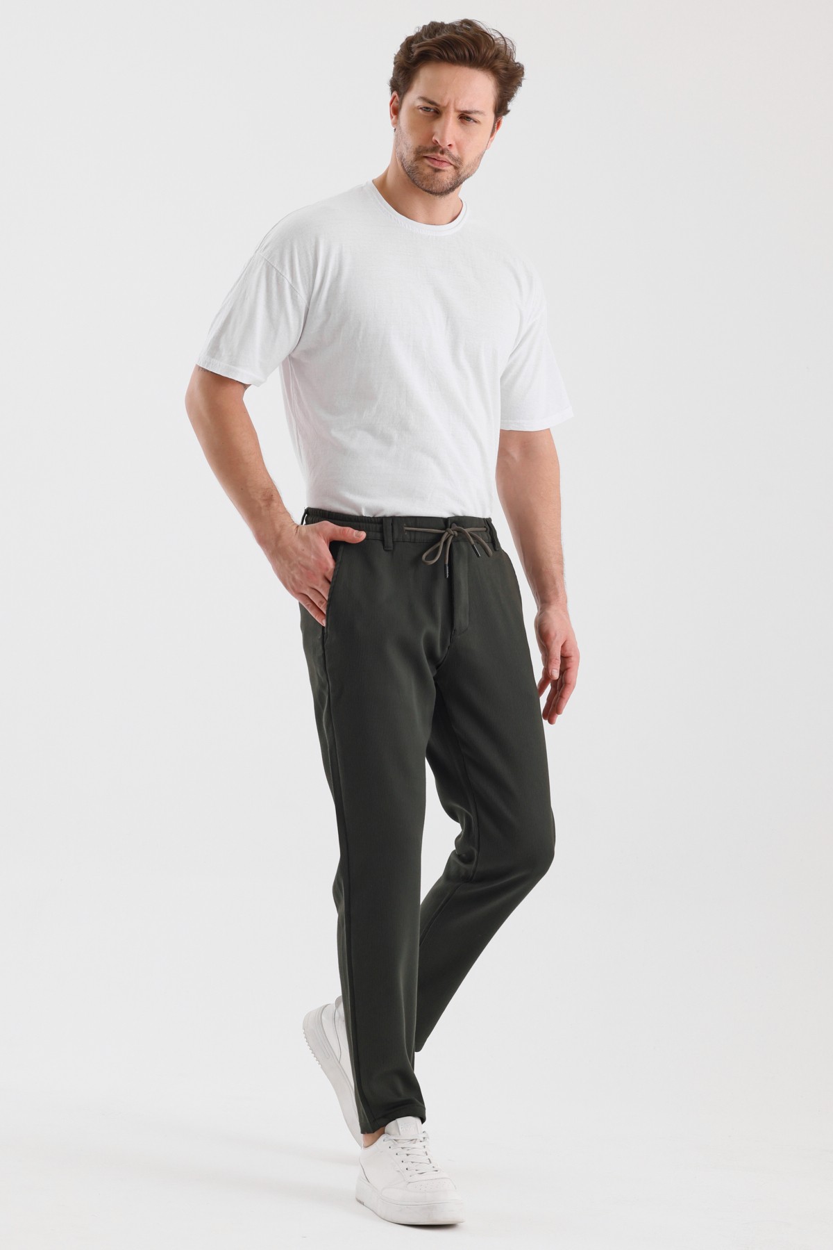 Fitilli Kumaş Beli Lastikli Erkek Chino Pantolon - Haki