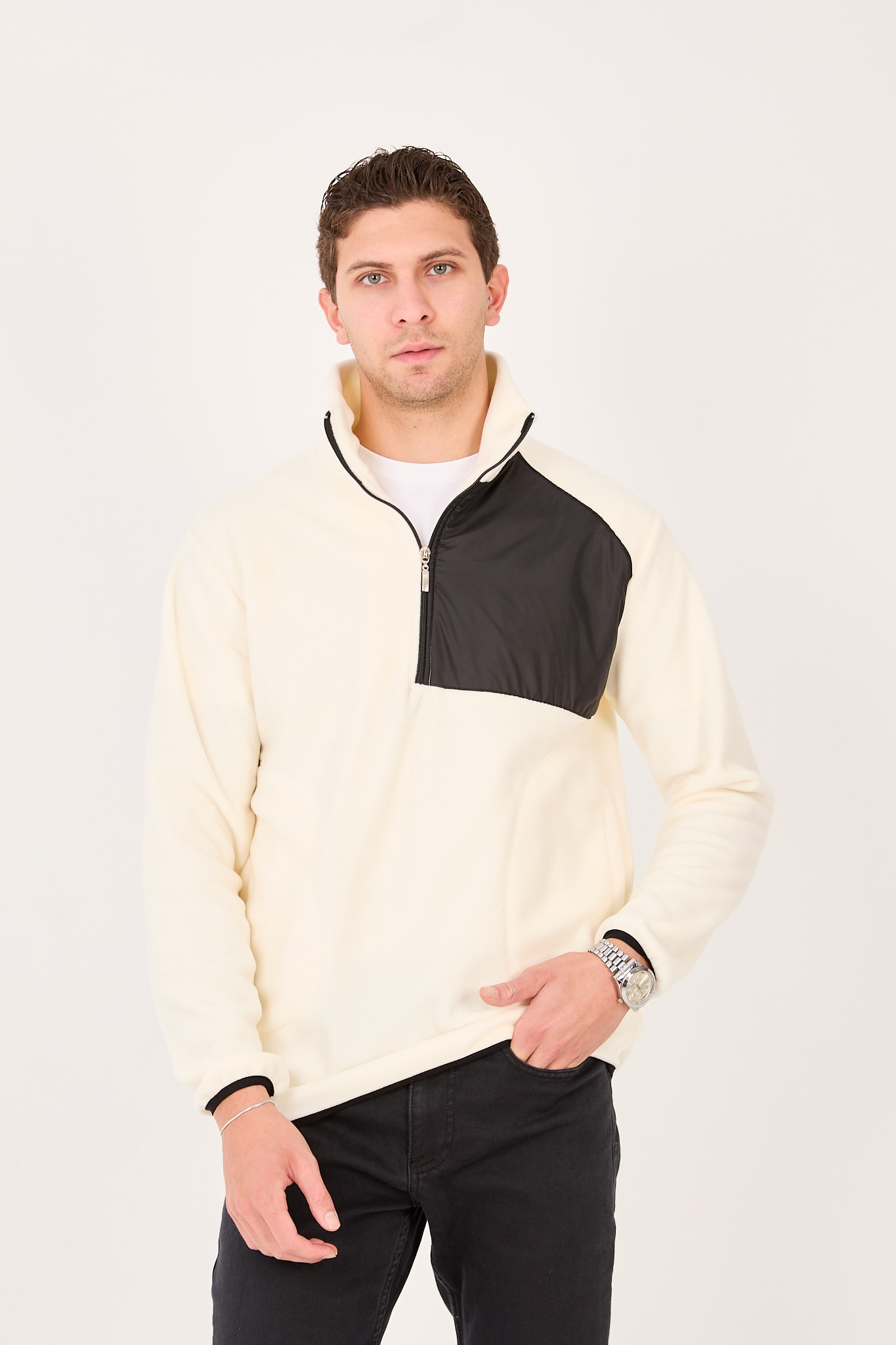 Regular/Normal Kesim Dik Yaka Fermuarlı Polar Erkek Sweatshirt - R2642 - Ekru