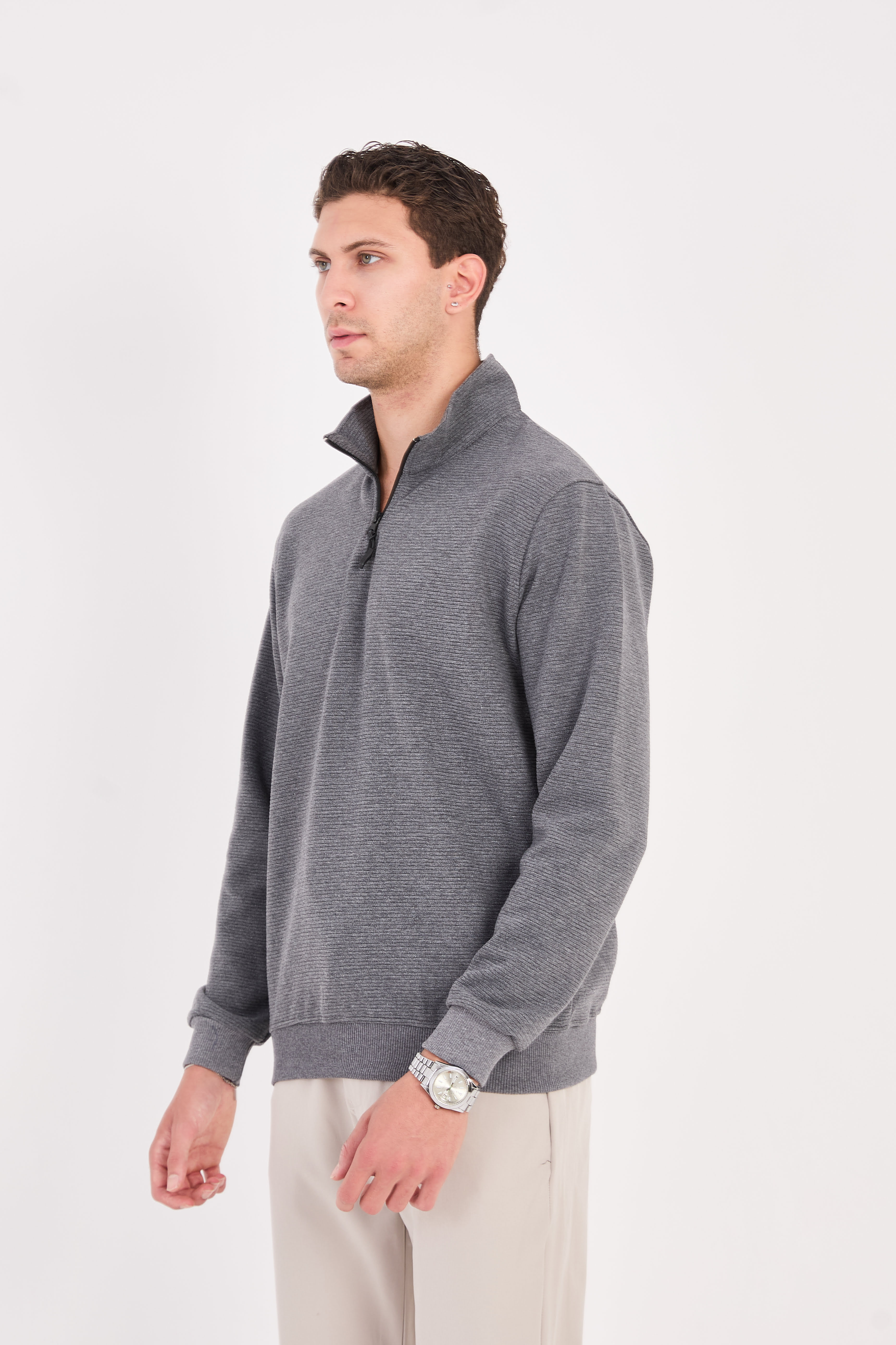 Slim Fit Yarım Balıkçı Yaka Yarım Fermuarlı Düz Renk Erkek Sweatshirt - V002