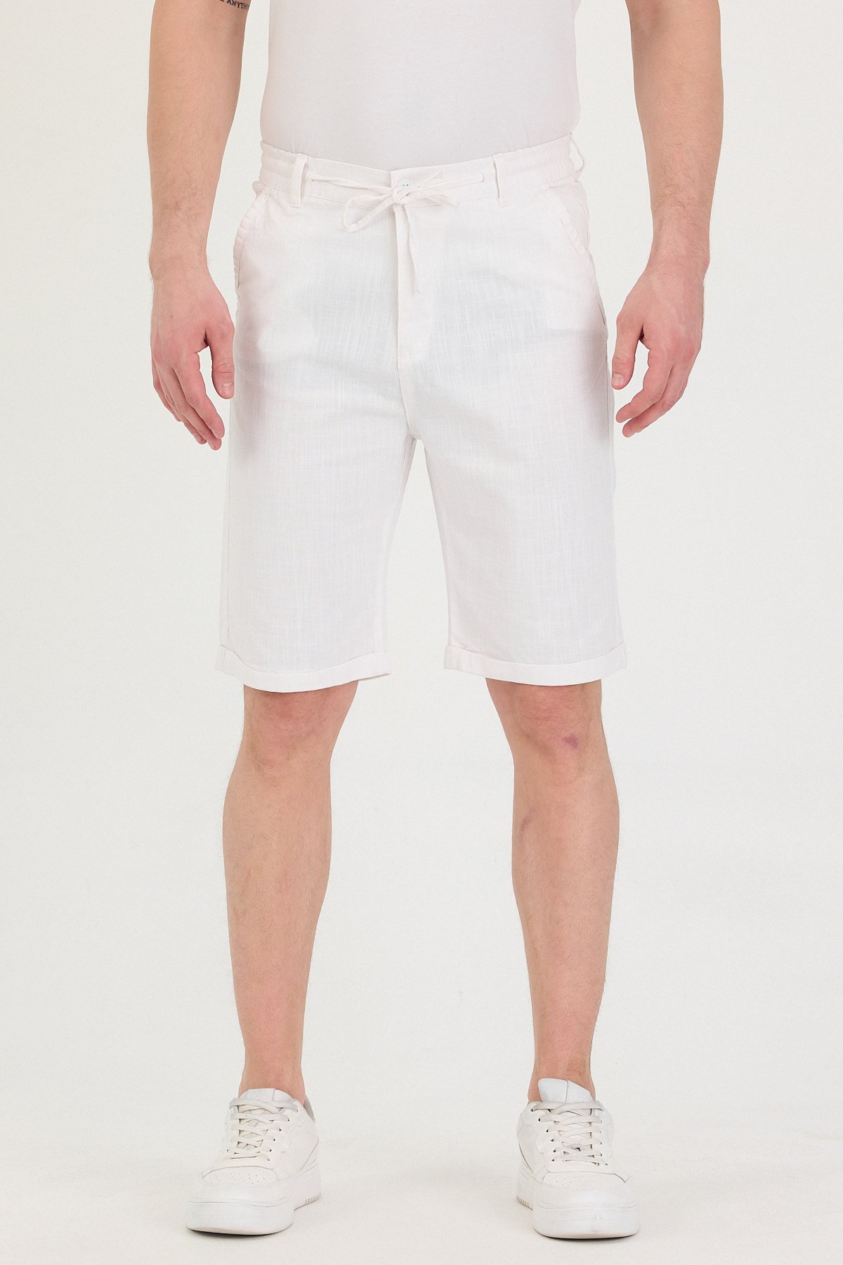 Erkek Slim Fit Keten Chino Şort - Beyaz