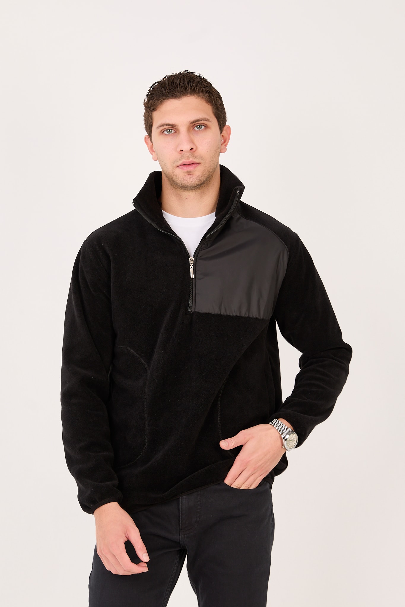 Regular/Normal Kesim Dik Yaka Fermuarlı Polar Erkek Sweatshirt - R2642 - Siyah