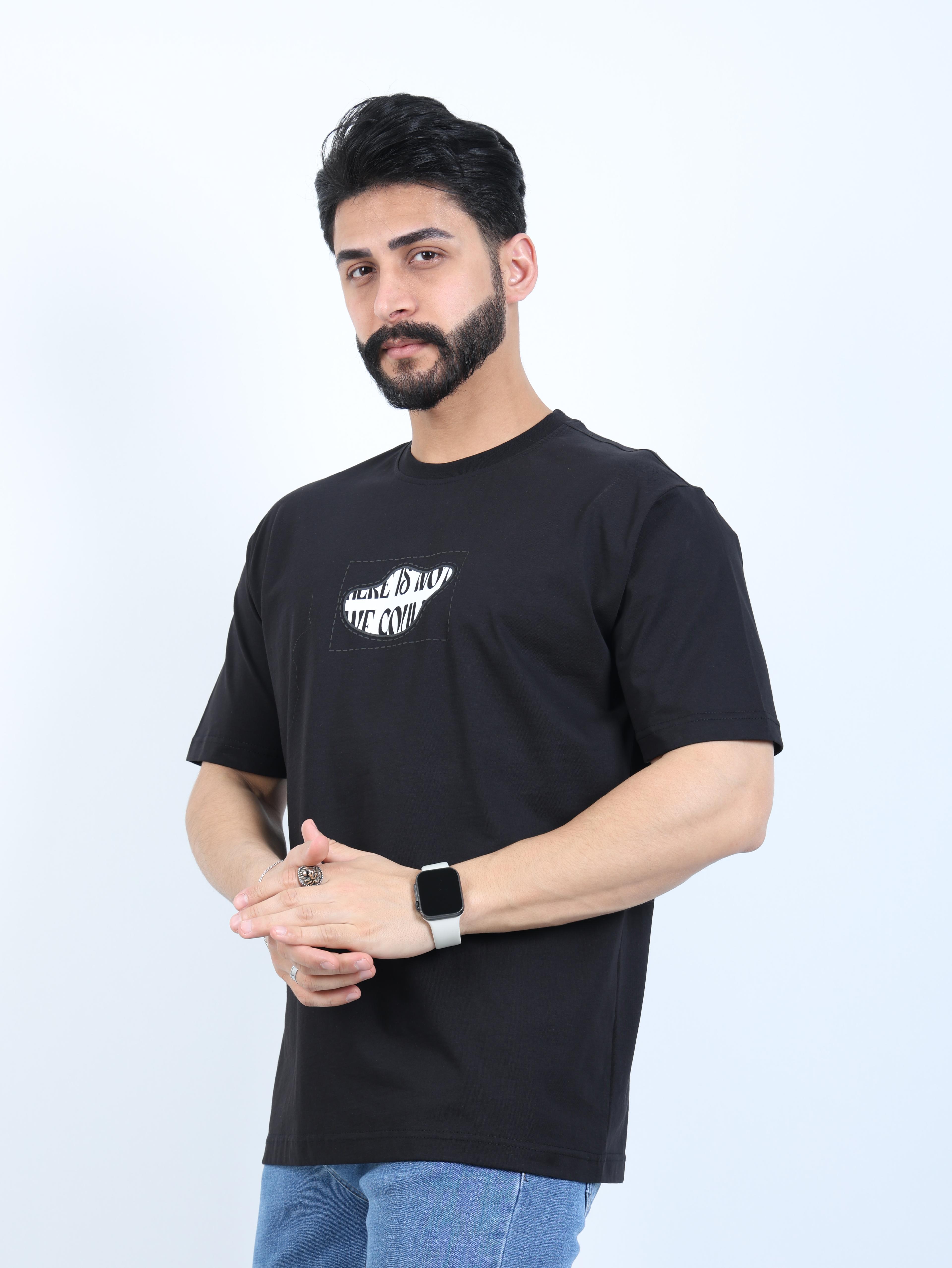 Erkek Bisiklet Yaka Baskılı Oversize Tişört
