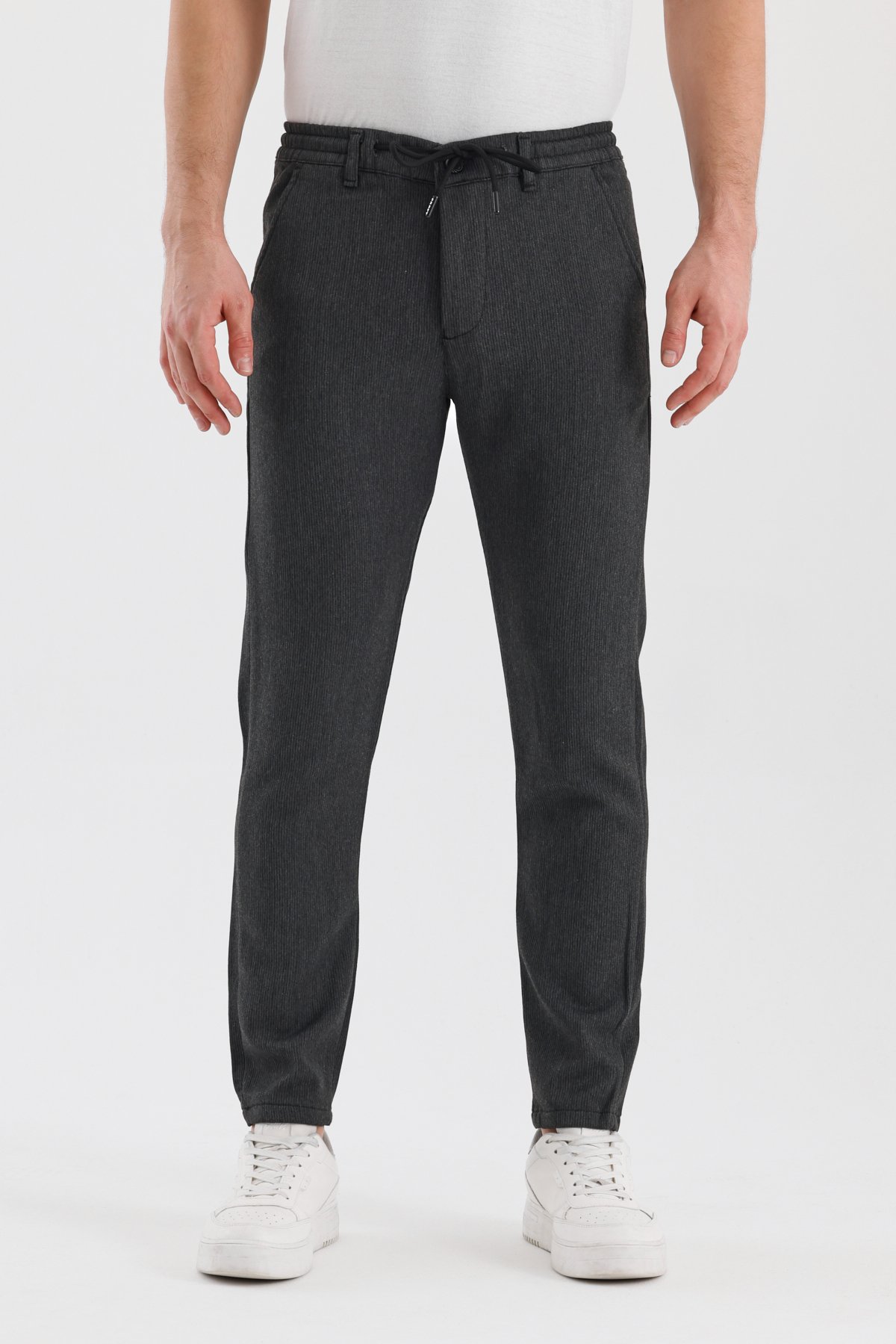 Fitilli Kumaş Beli Lastikli Erkek Chino Pantolon - Antrasit