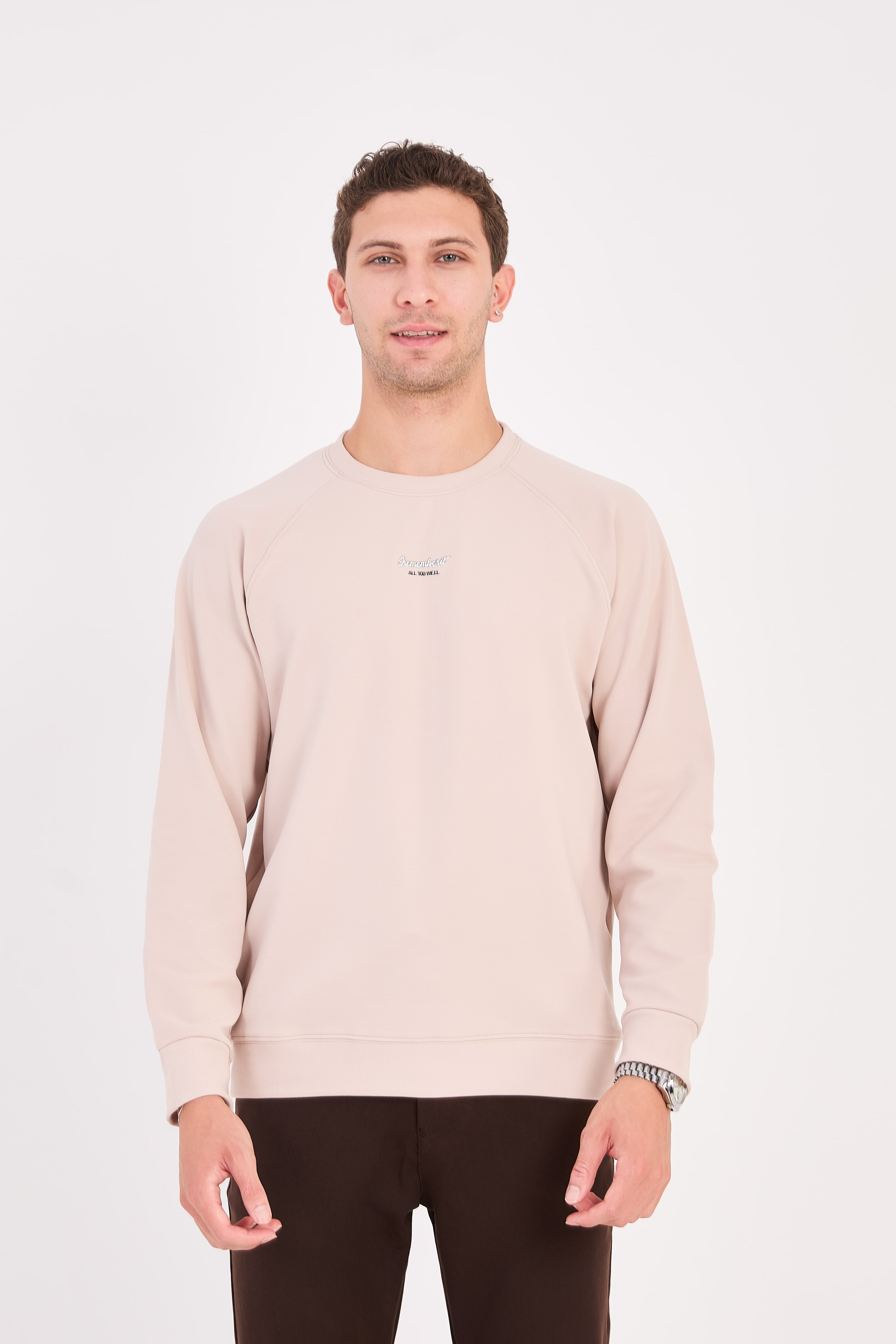 Rahat Kesim Dokulu Ottoman Kumaş Baskılı Erkek Sweatshirt -R2601 - Taş