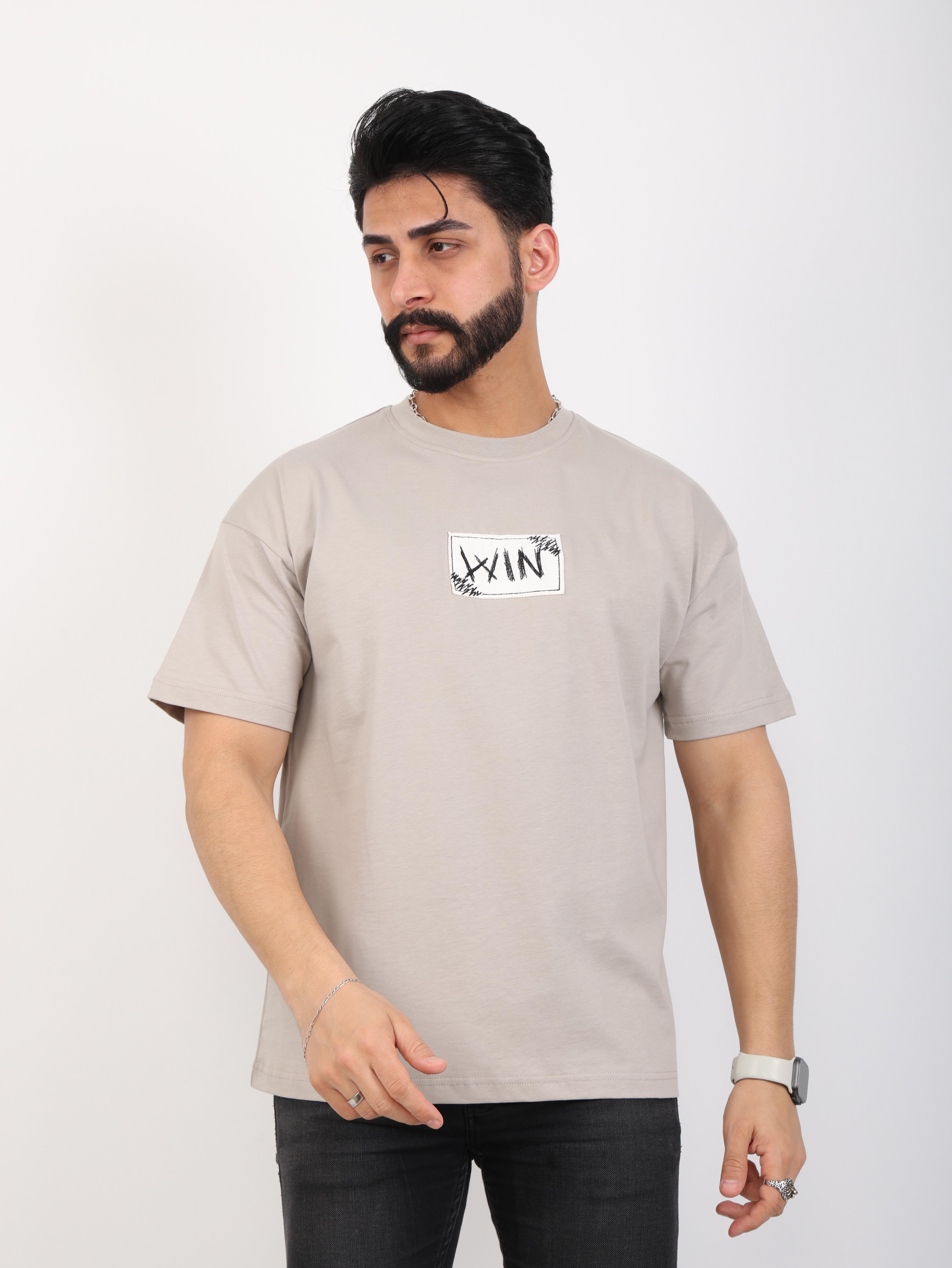 Erkek Bisiklet Yaka Baskılı Oversize Tişört - Bej