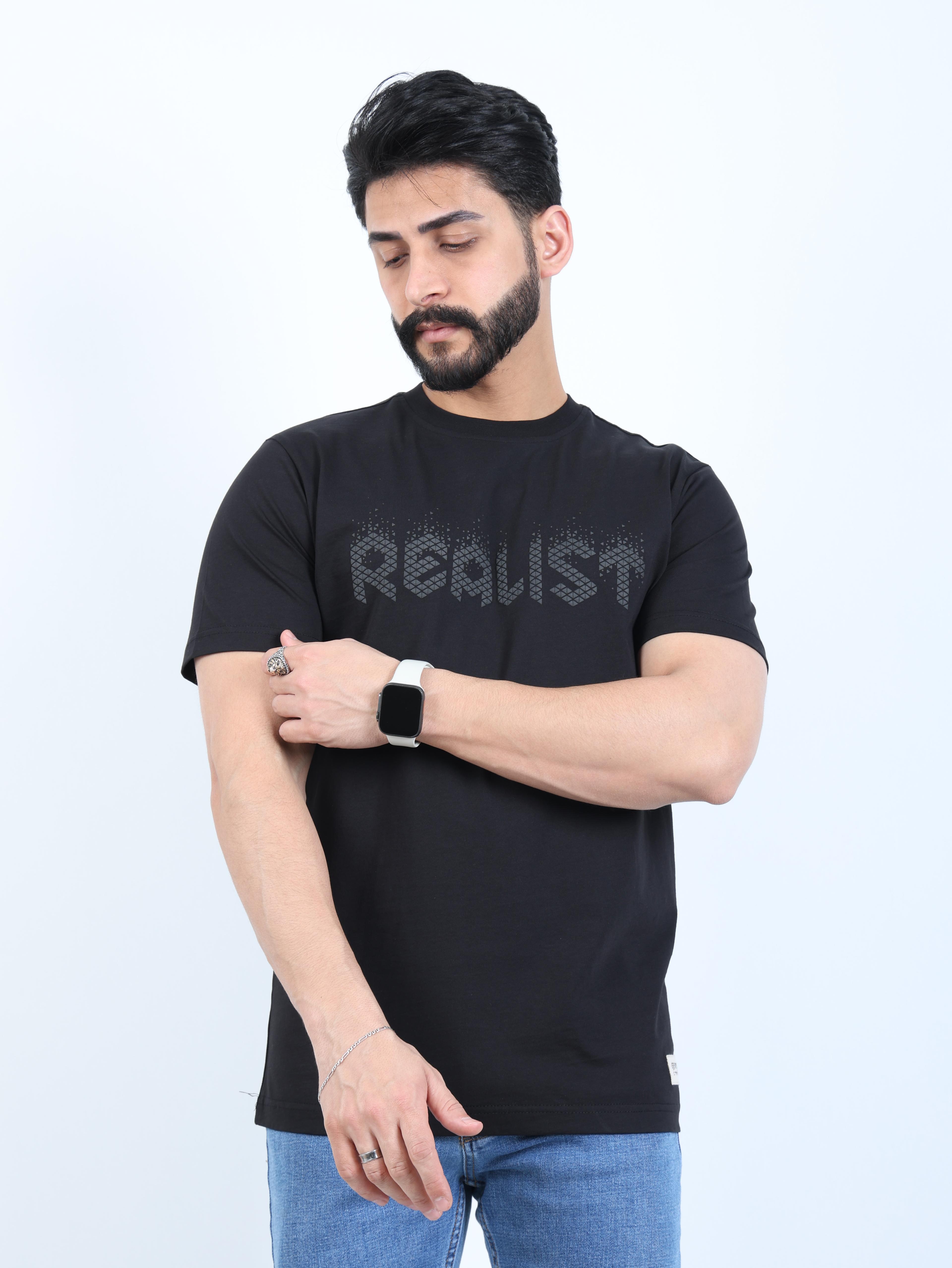 Erkek Relaxed Fit Bisiklet Yaka Baskılı Tişört - Siyah