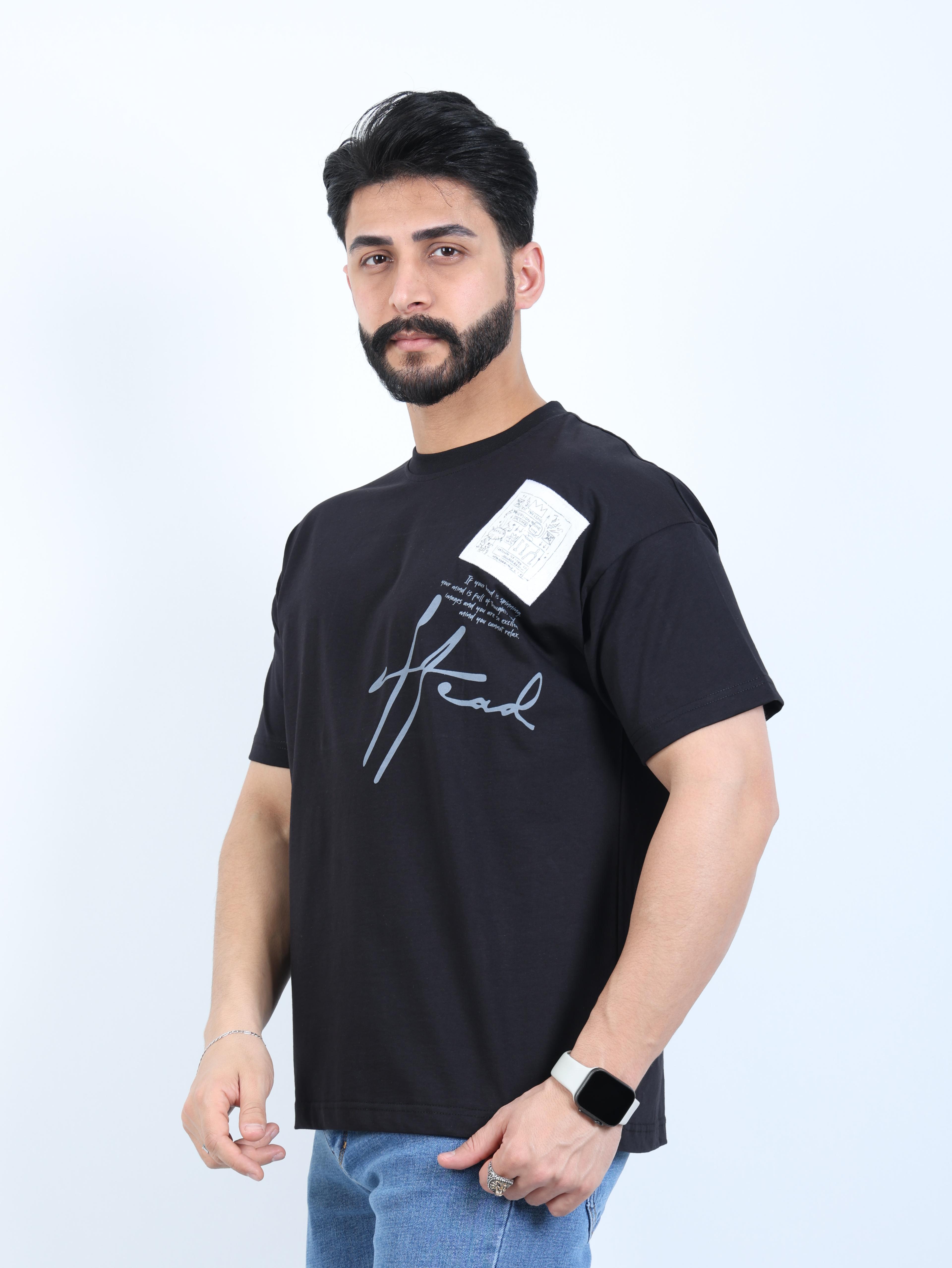 Erkek Bisiklet Yaka Baskılı Nakışlı Oversize Tişört