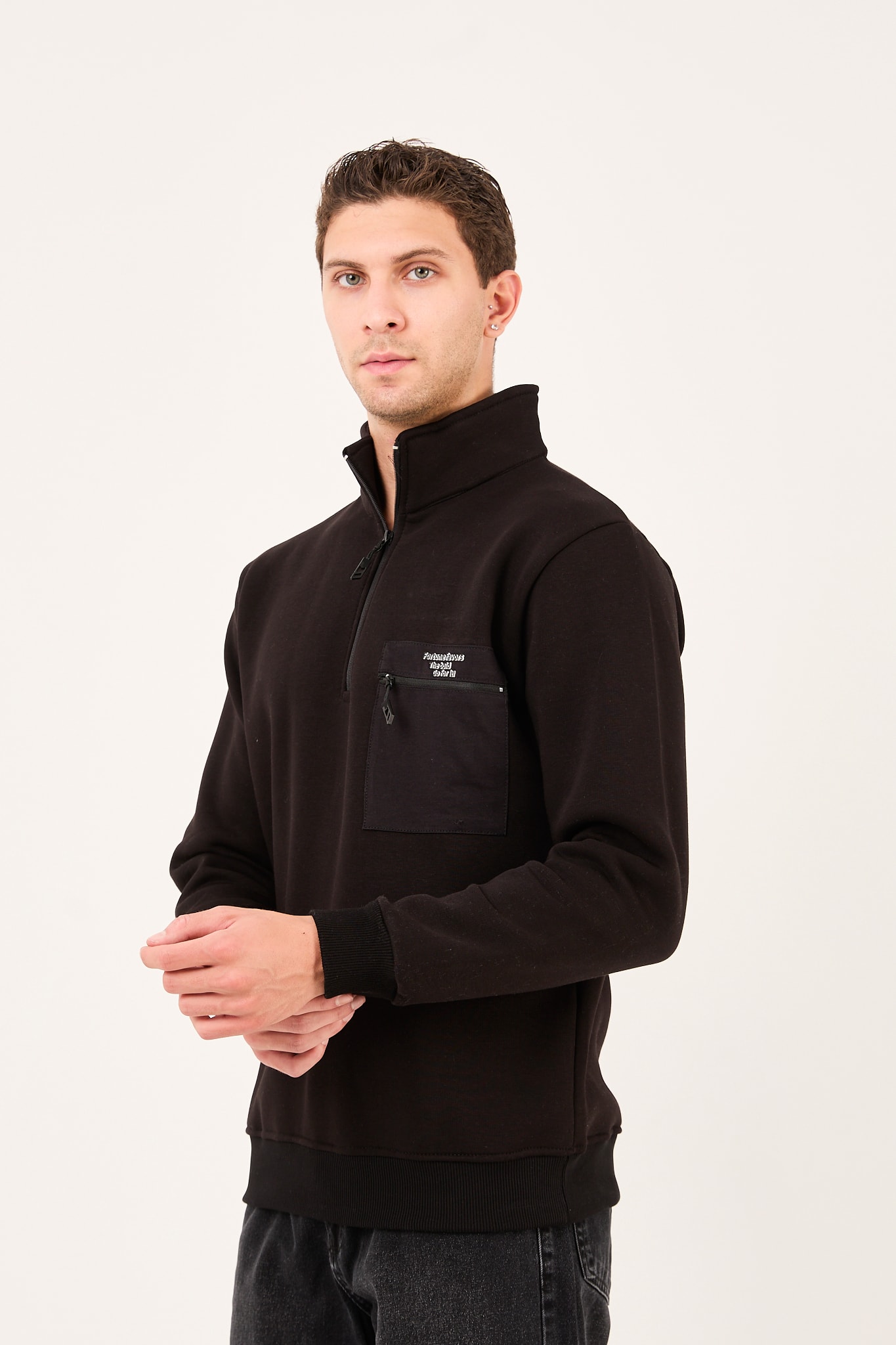 Regular/Normal Kesim Dik Yaka Fermuarlı Pamuklu Basic Erkek Sweatshirt -R2617 - Siyah