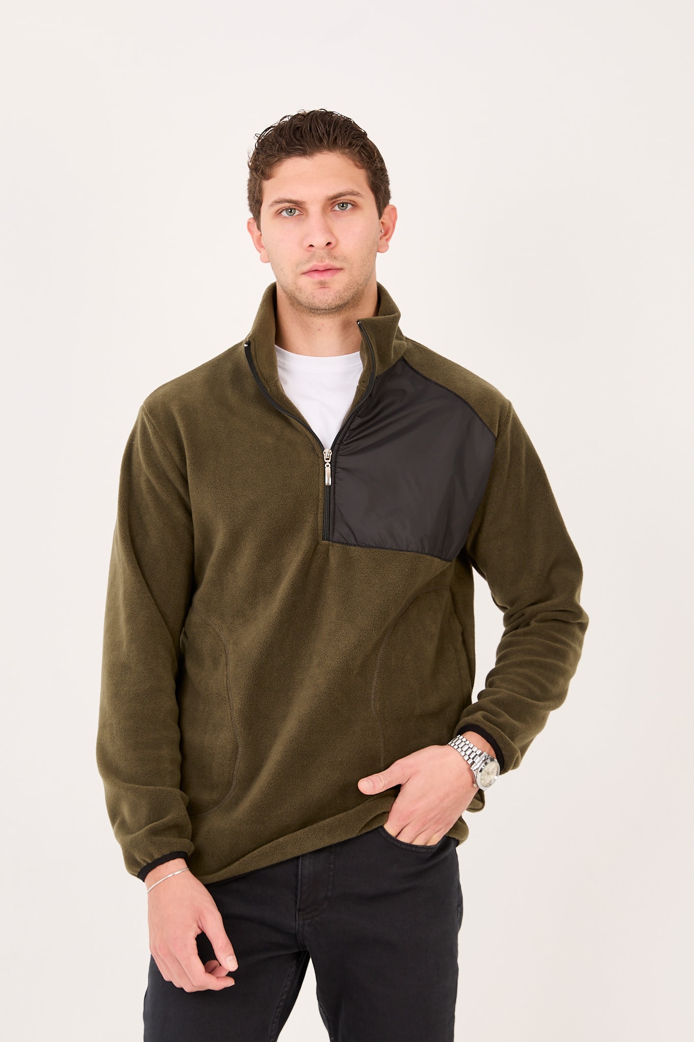 Regular/Normal Kesim Dik Yaka Fermuarlı Polar Erkek Sweatshirt - R2642 - Haki