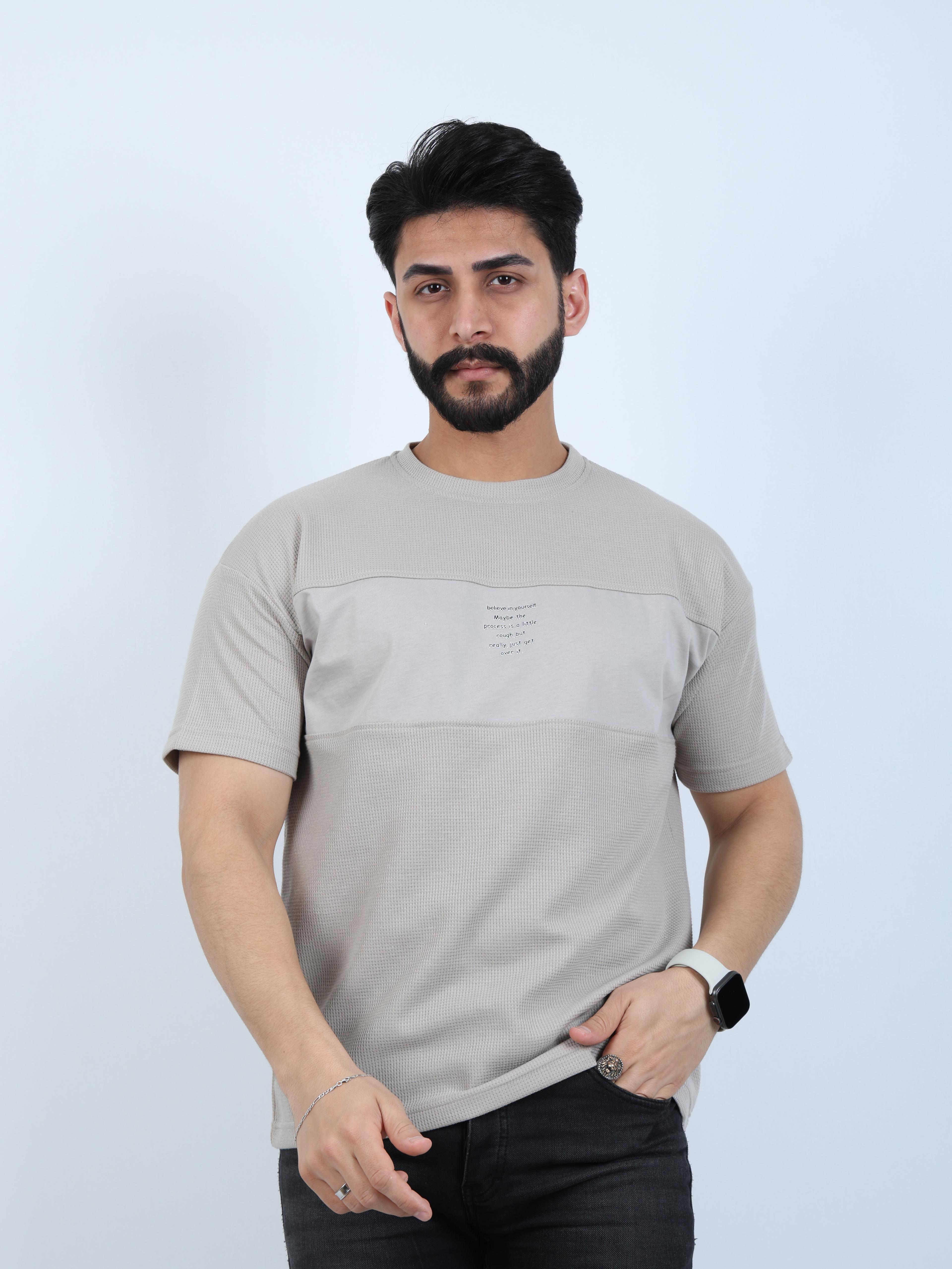 Erkek Bisiklet Yaka Baskılı Oversize Tişört - Bej