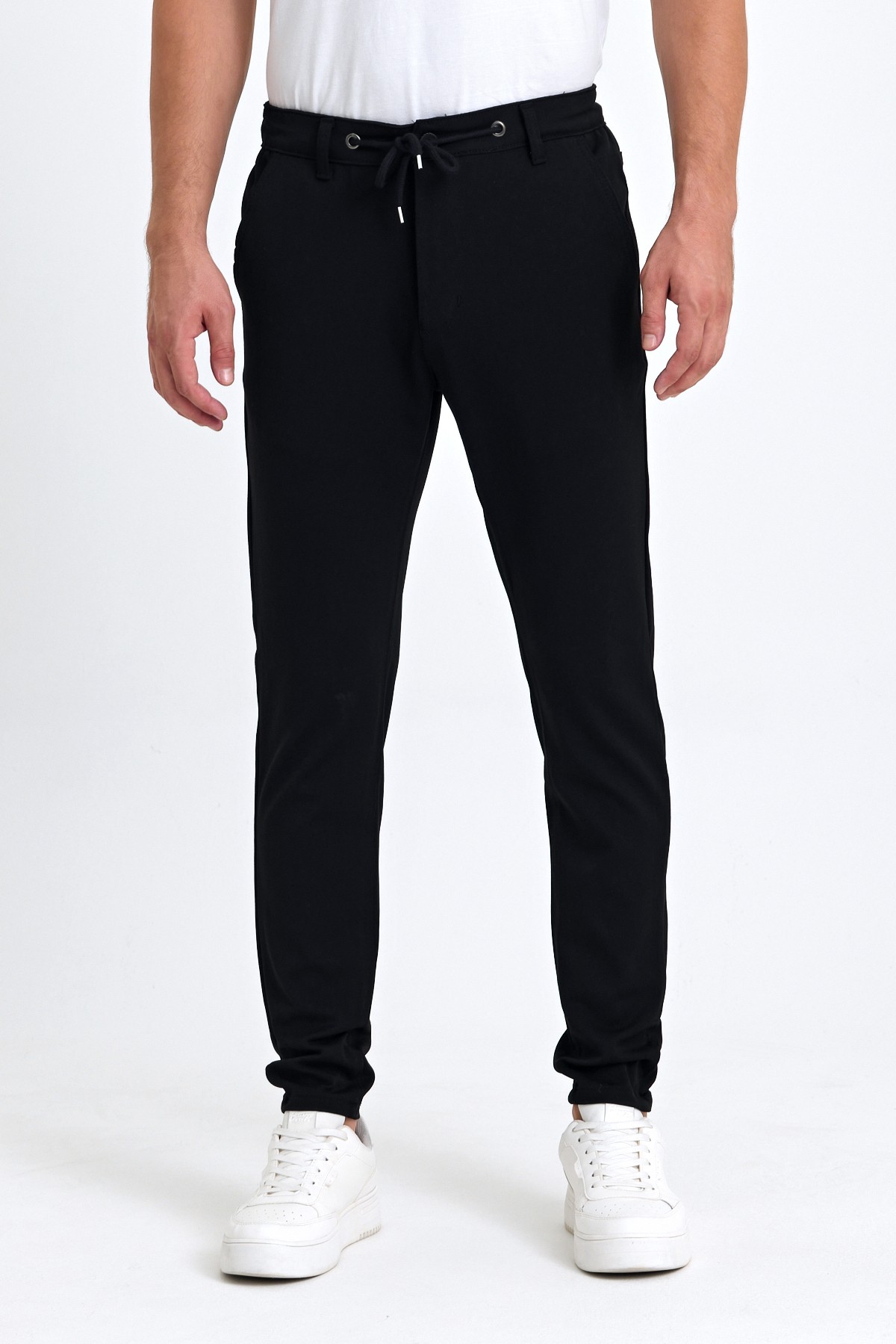 Mevsimlik Örme Kumaş Beli Lastikli Erkek Chino Pantolon - Siyah