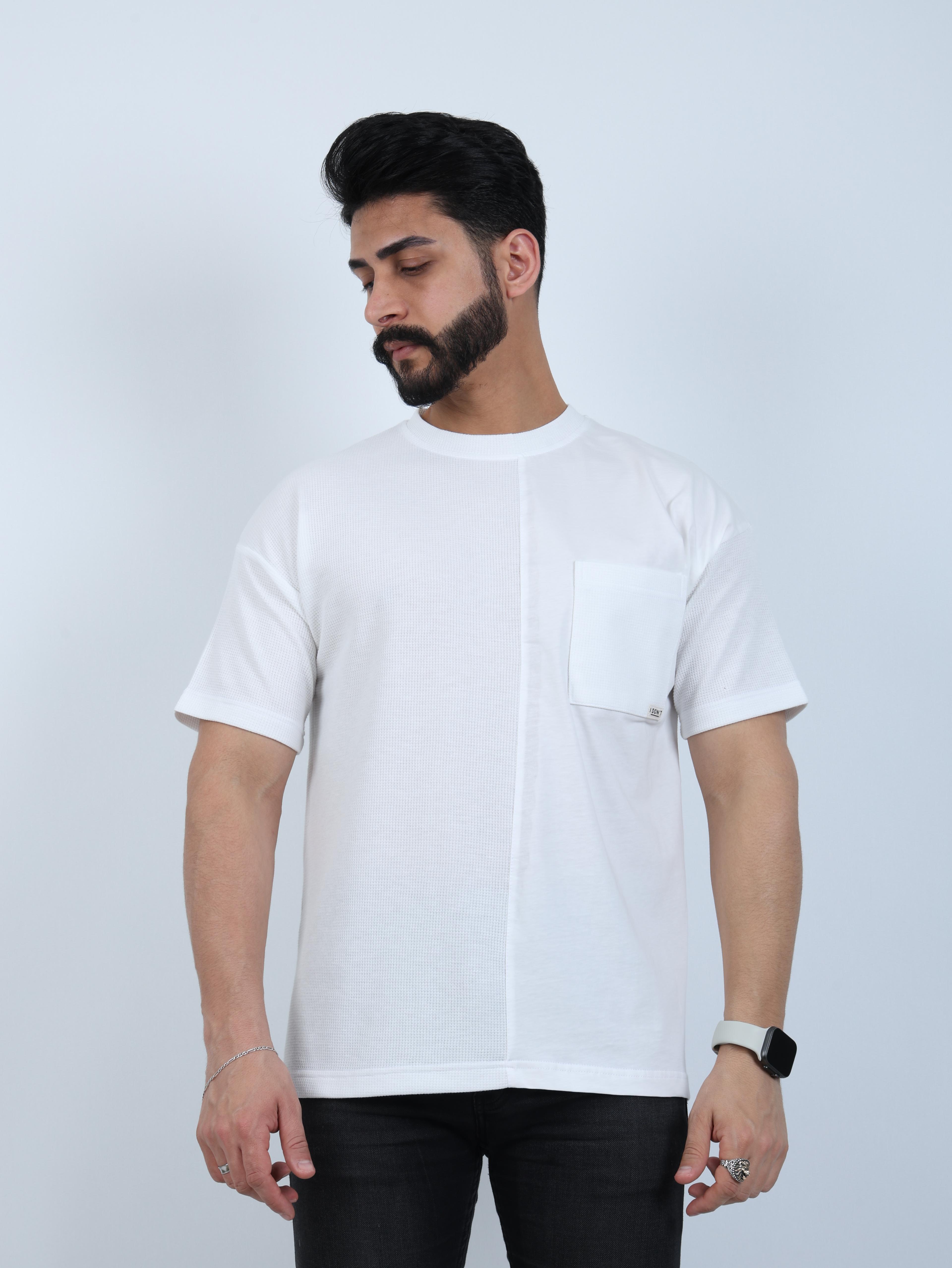 Erkek Bisiklet Yaka Cepli Oversize Tişört - Beyaz