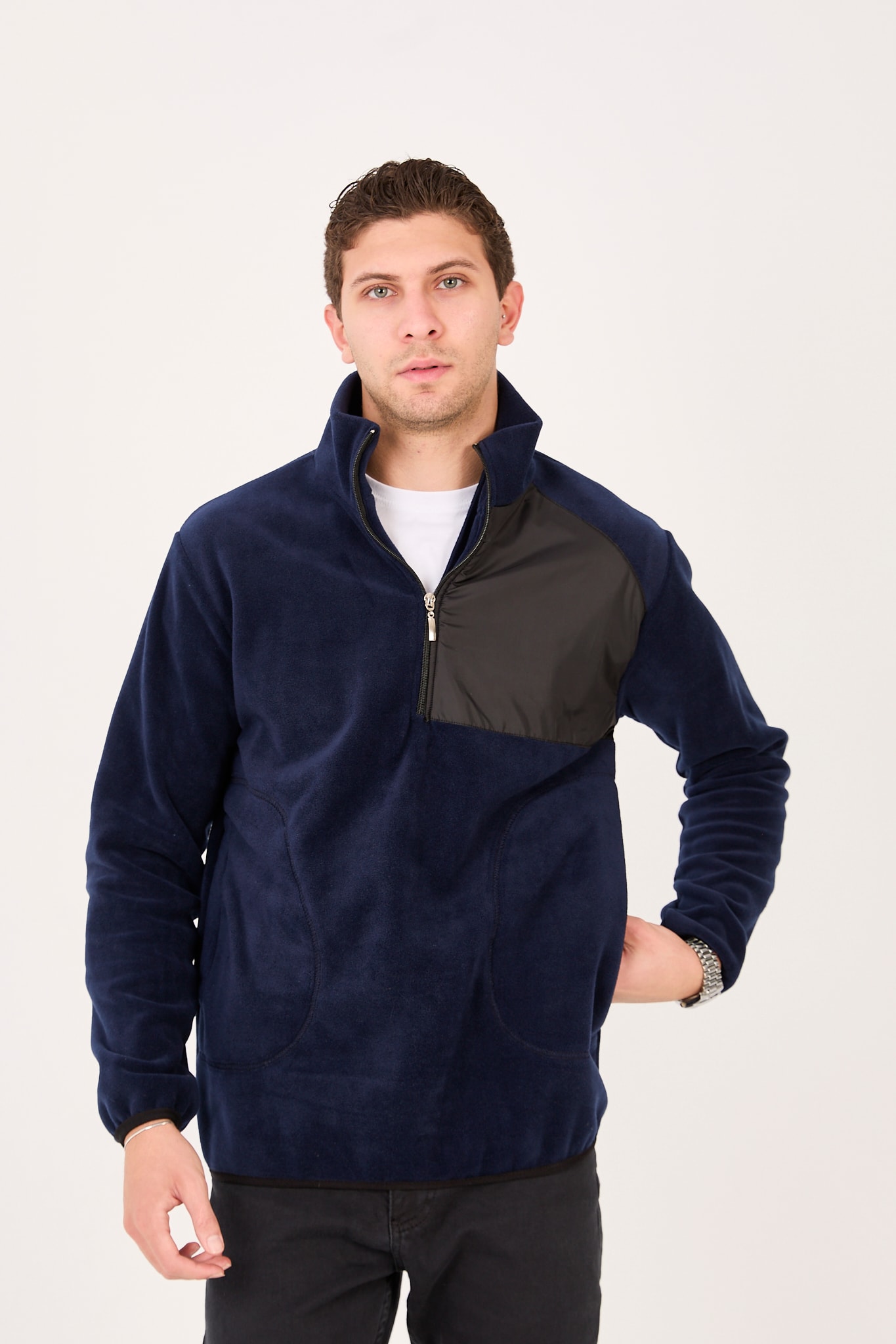 Regular/Normal Kesim Dik Yaka Fermuarlı Polar Erkek Sweatshirt - R2642 - Lacivert