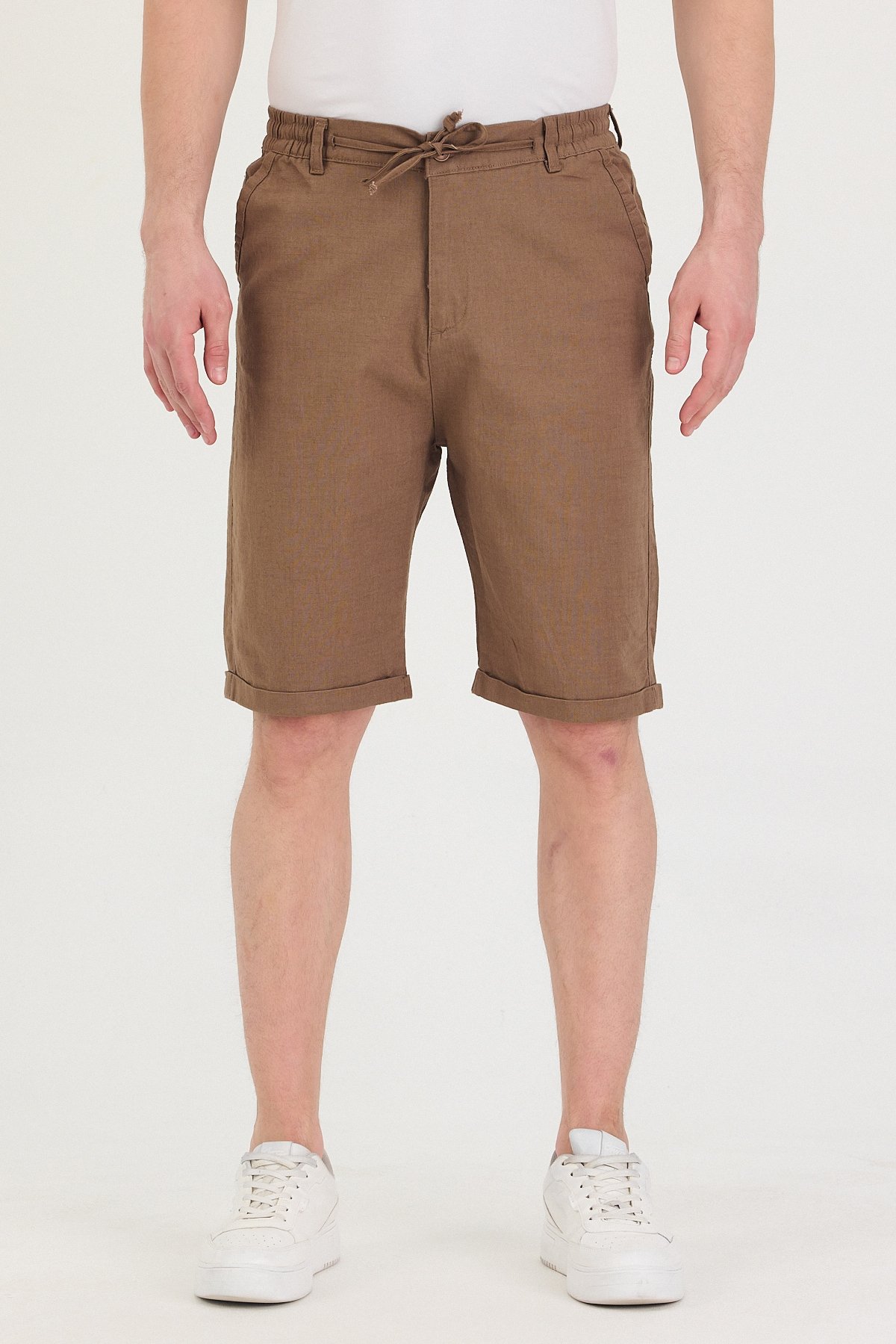 Erkek Slim Fit Keten Chino Şort - Vizon
