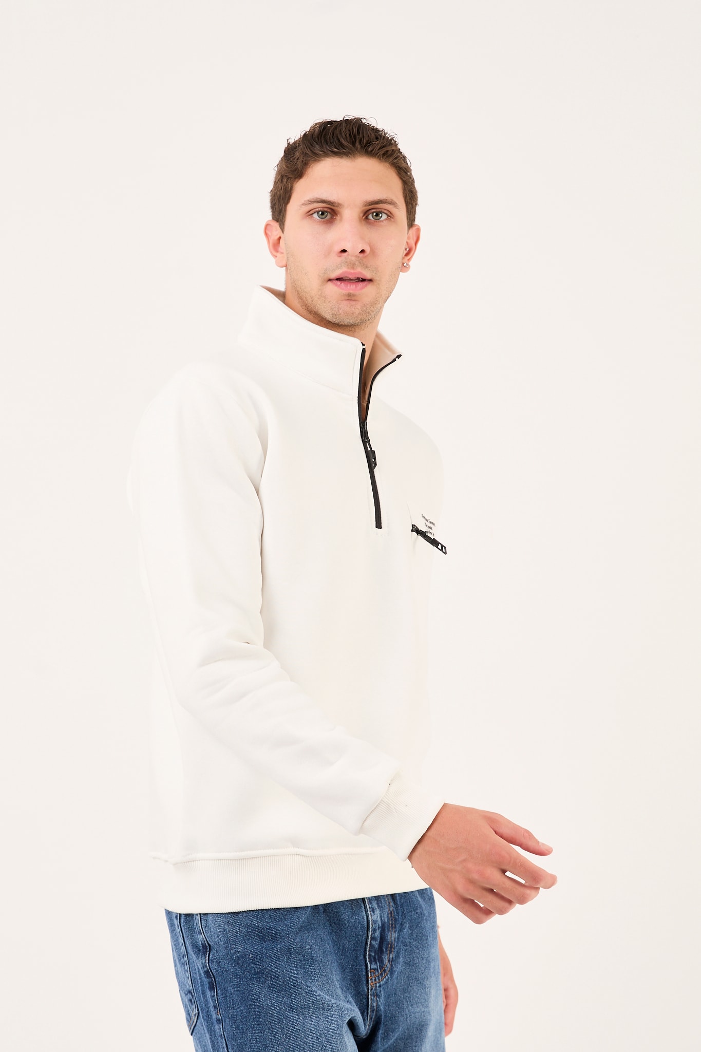 Regular/Normal Kesim Dik Yaka Fermuarlı Pamuklu Basic Erkek Sweatshirt -R2617