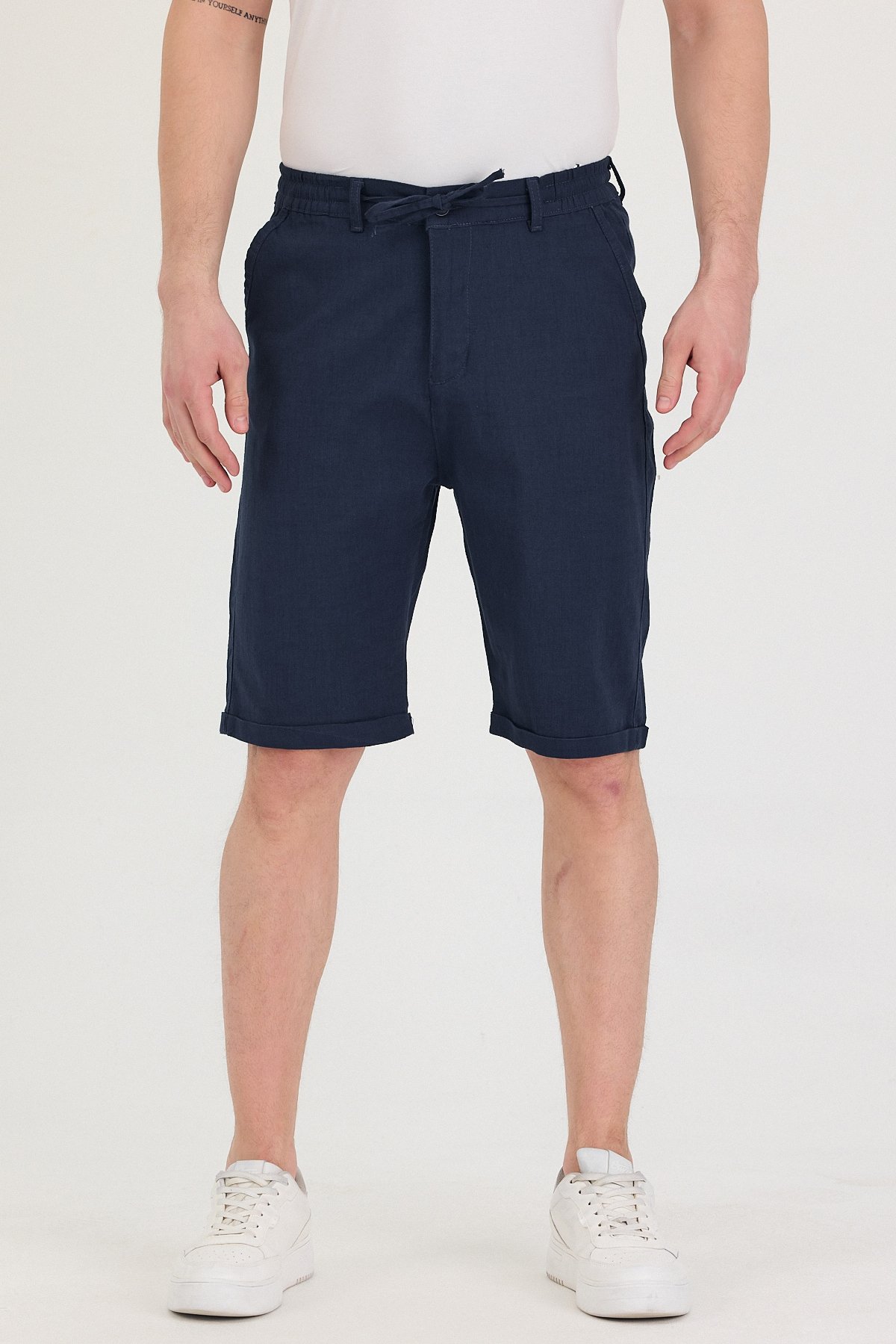 Erkek Slim Fit Keten Chino Şort - Lacivert