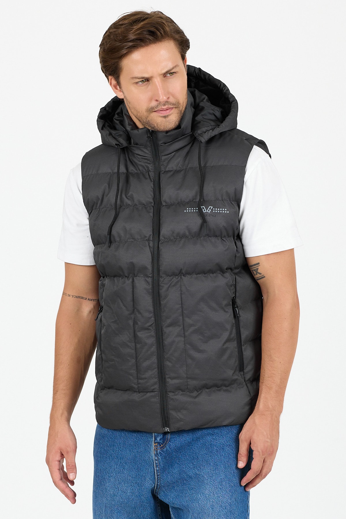 Çıkarılabilir Kapüşonlu Erkek Şişme Yelek Regular Fit / Normal Kesim - B8165 - Antrasit