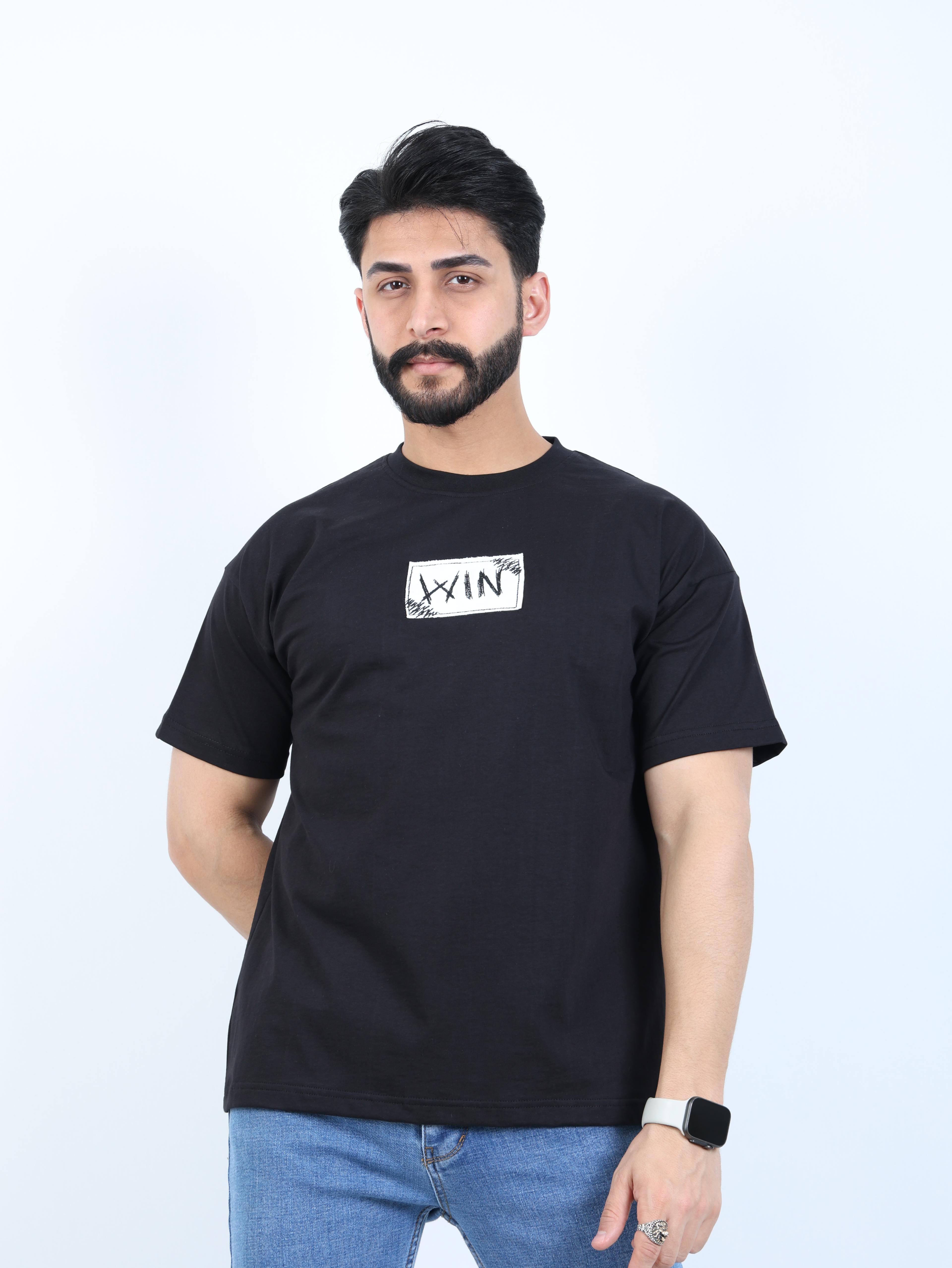 Erkek Bisiklet Yaka Baskılı Oversize Tişört - Siyah
