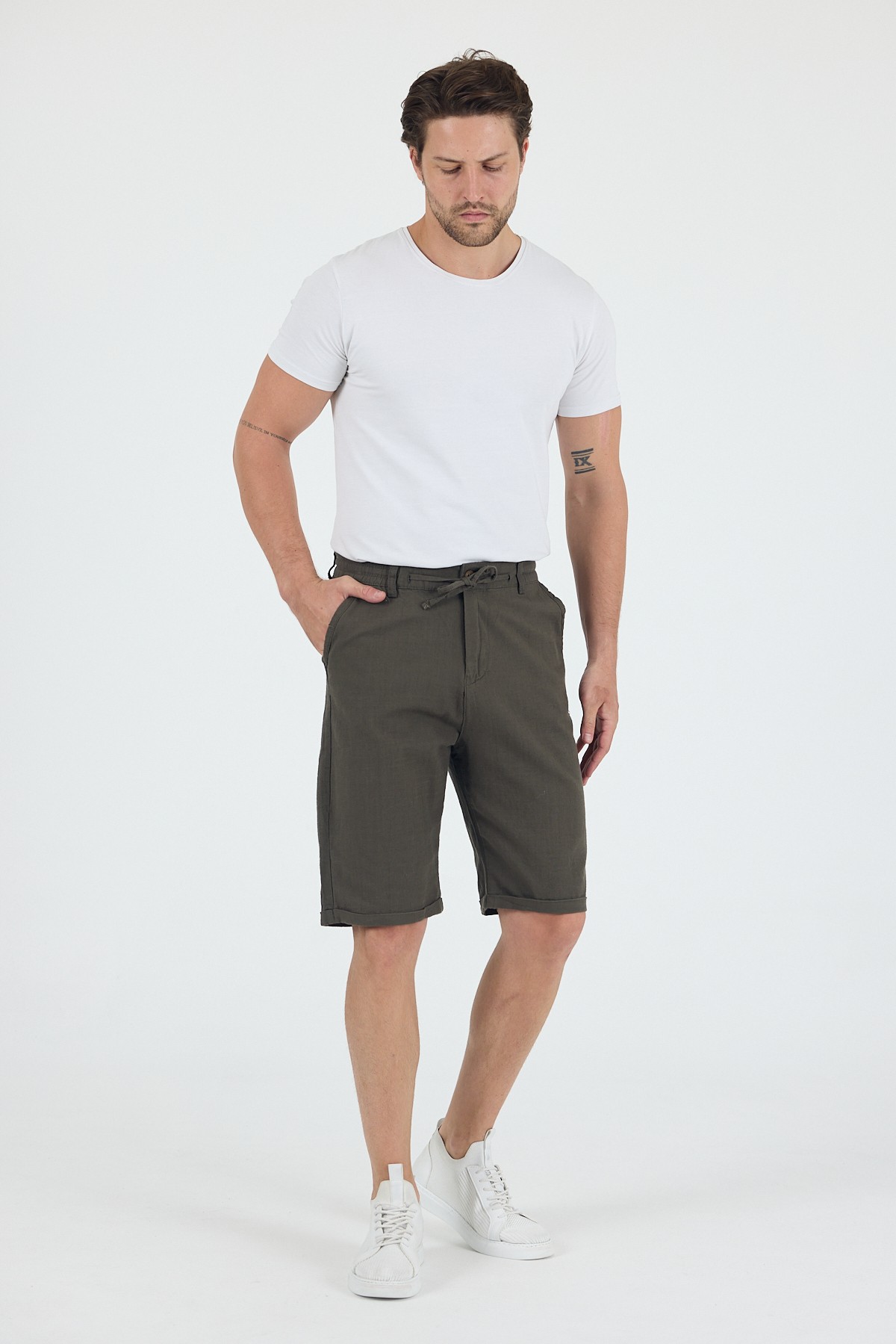 Erkek Slim Fit Keten Chino Şort - Koyu Haki