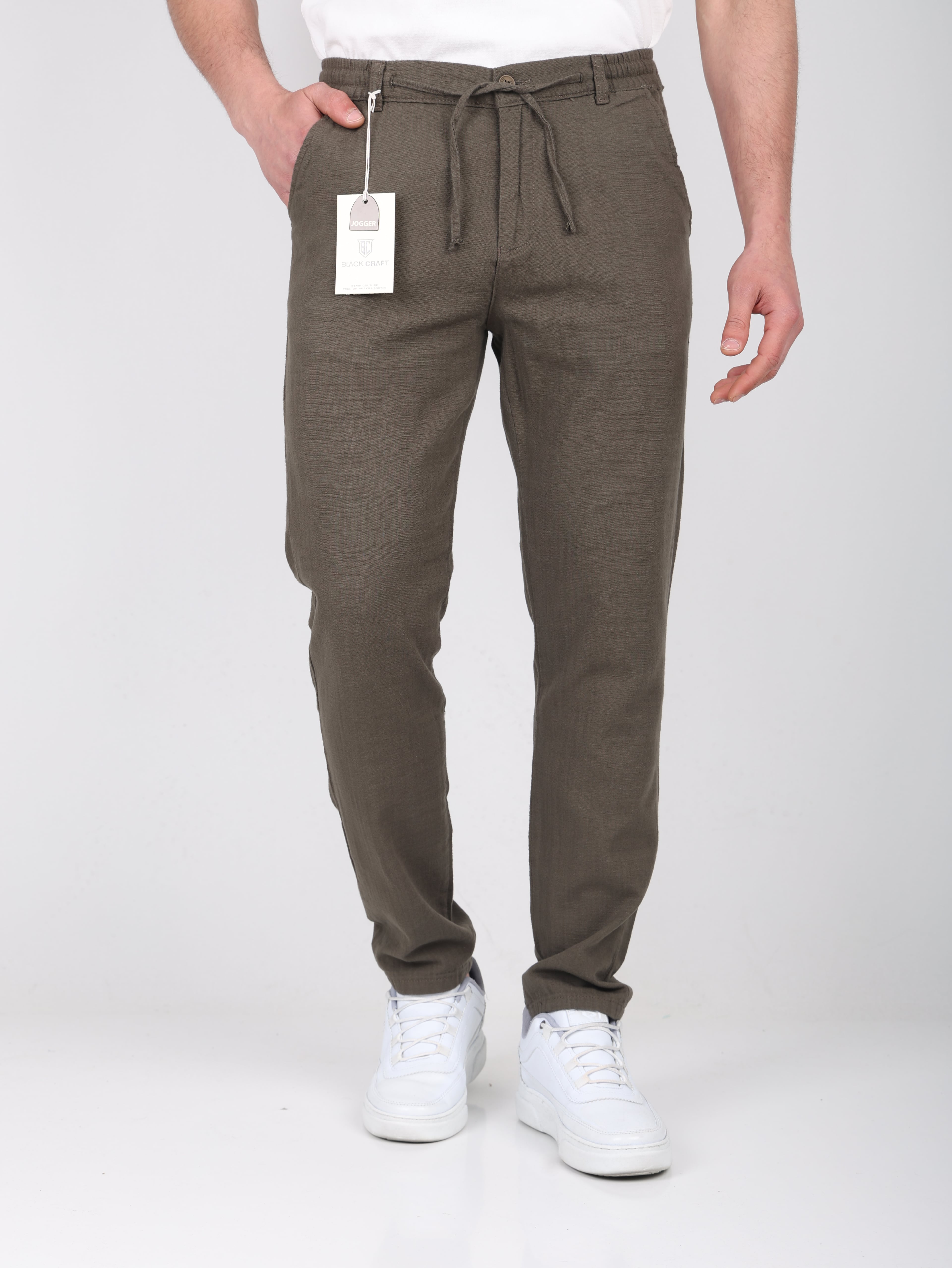 Erkek Keten Pantolon - Koyu Haki