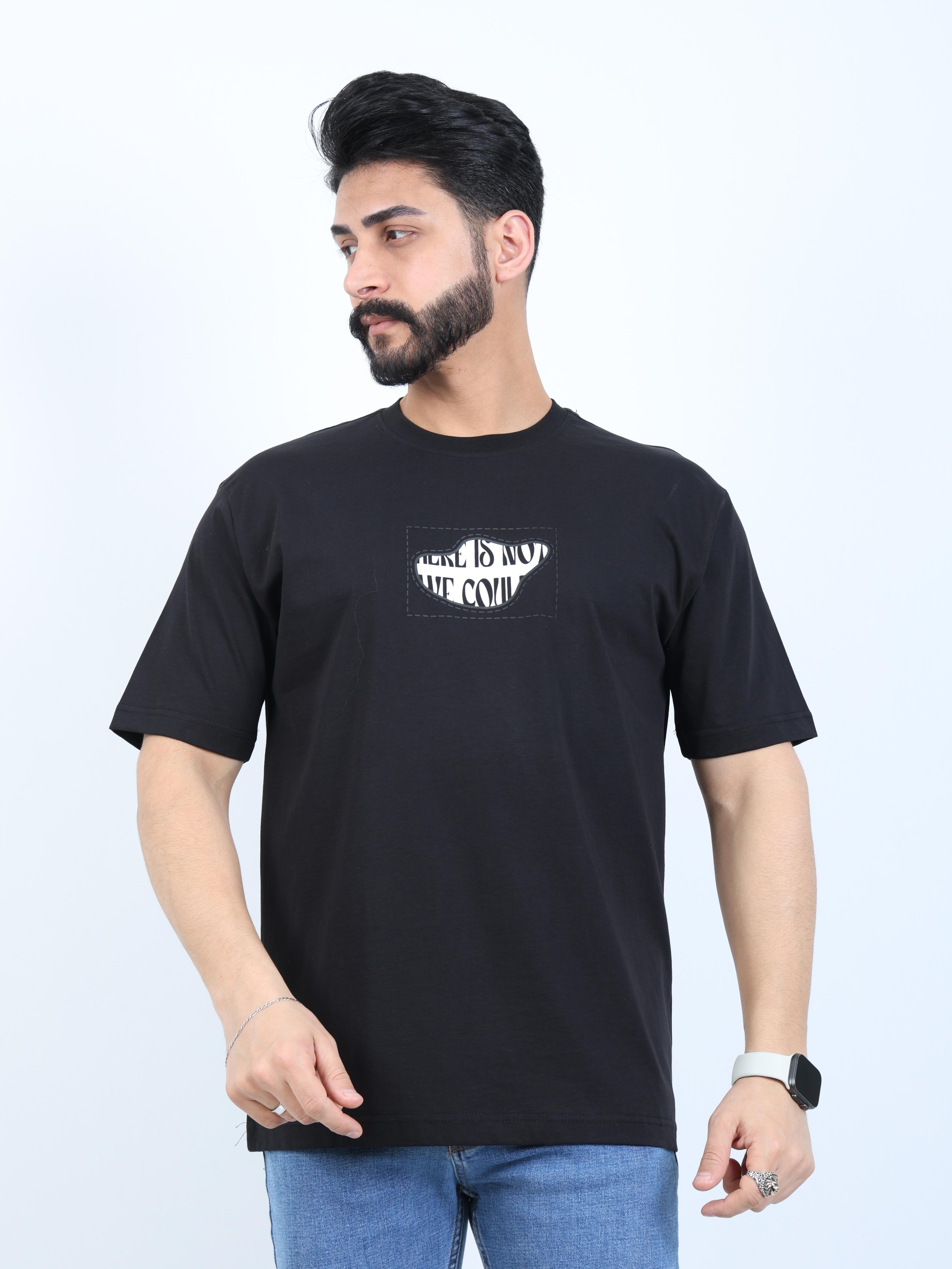 Erkek Bisiklet Yaka Baskılı Oversize Tişört - Siyah