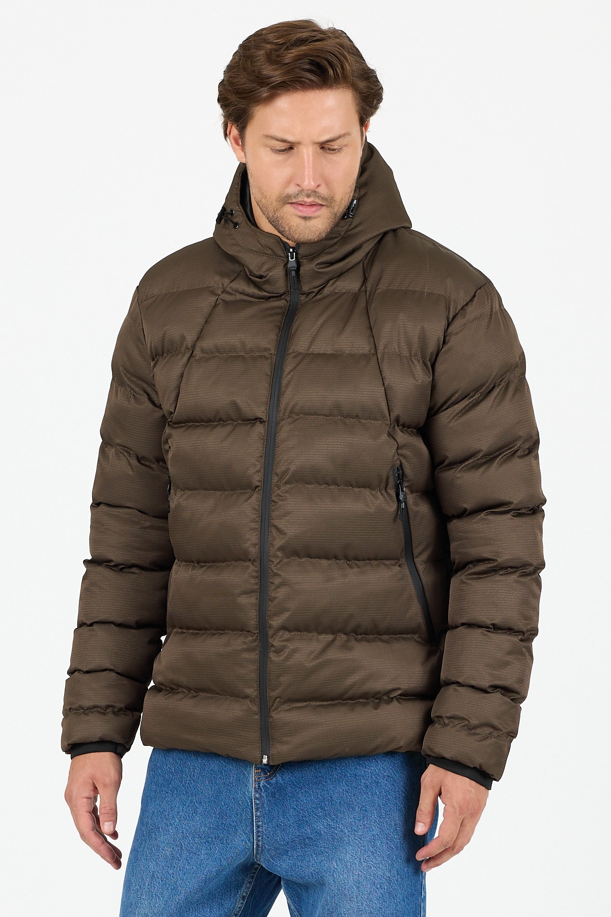 Regular Fit Kapüşonlu Rüzgara ve Suya Dayanıklı Erkek Şişme Mont - B8151 - Haki