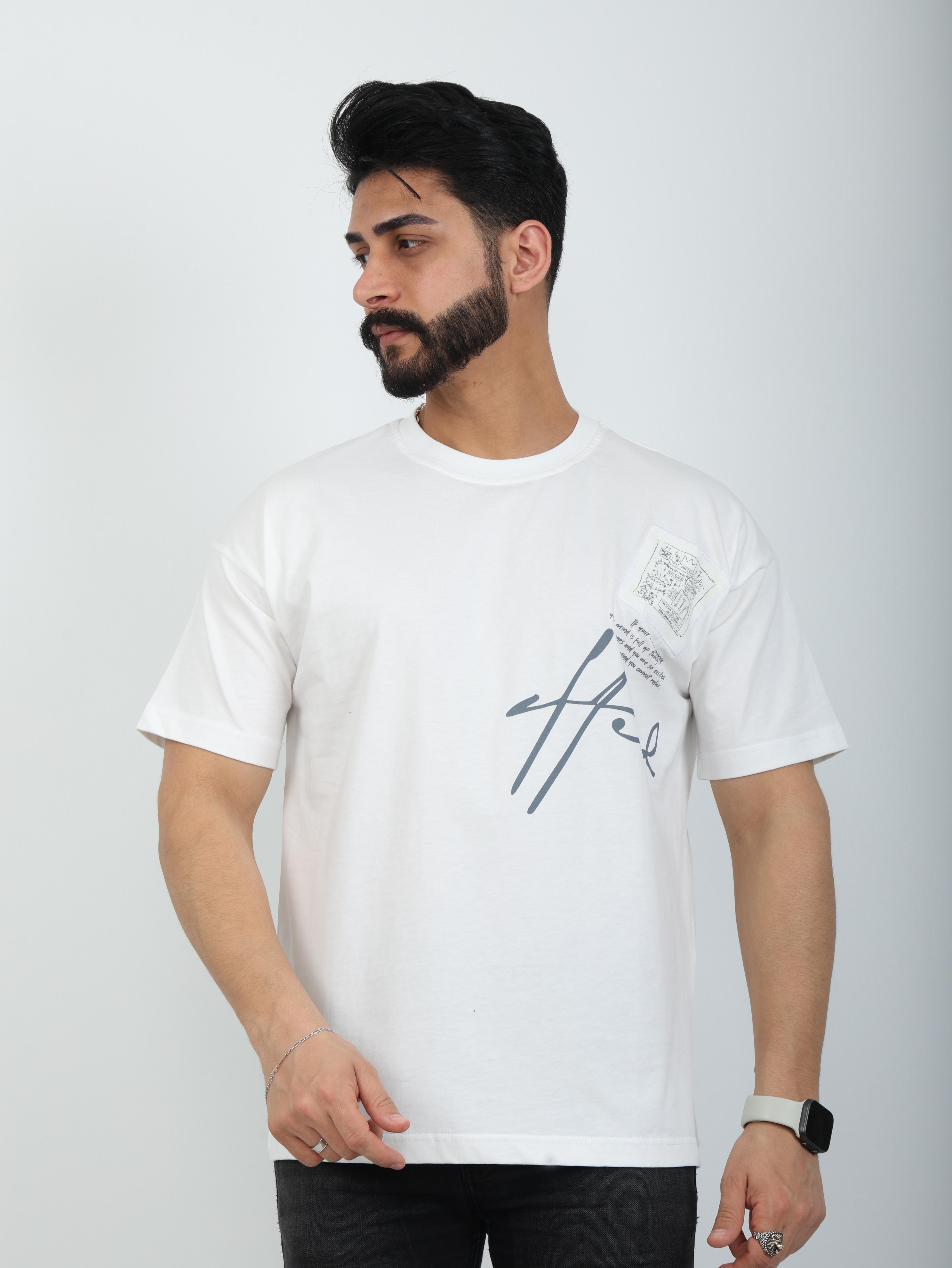 Erkek Bisiklet Yaka Baskılı Nakışlı Oversize Tişört - Beyaz