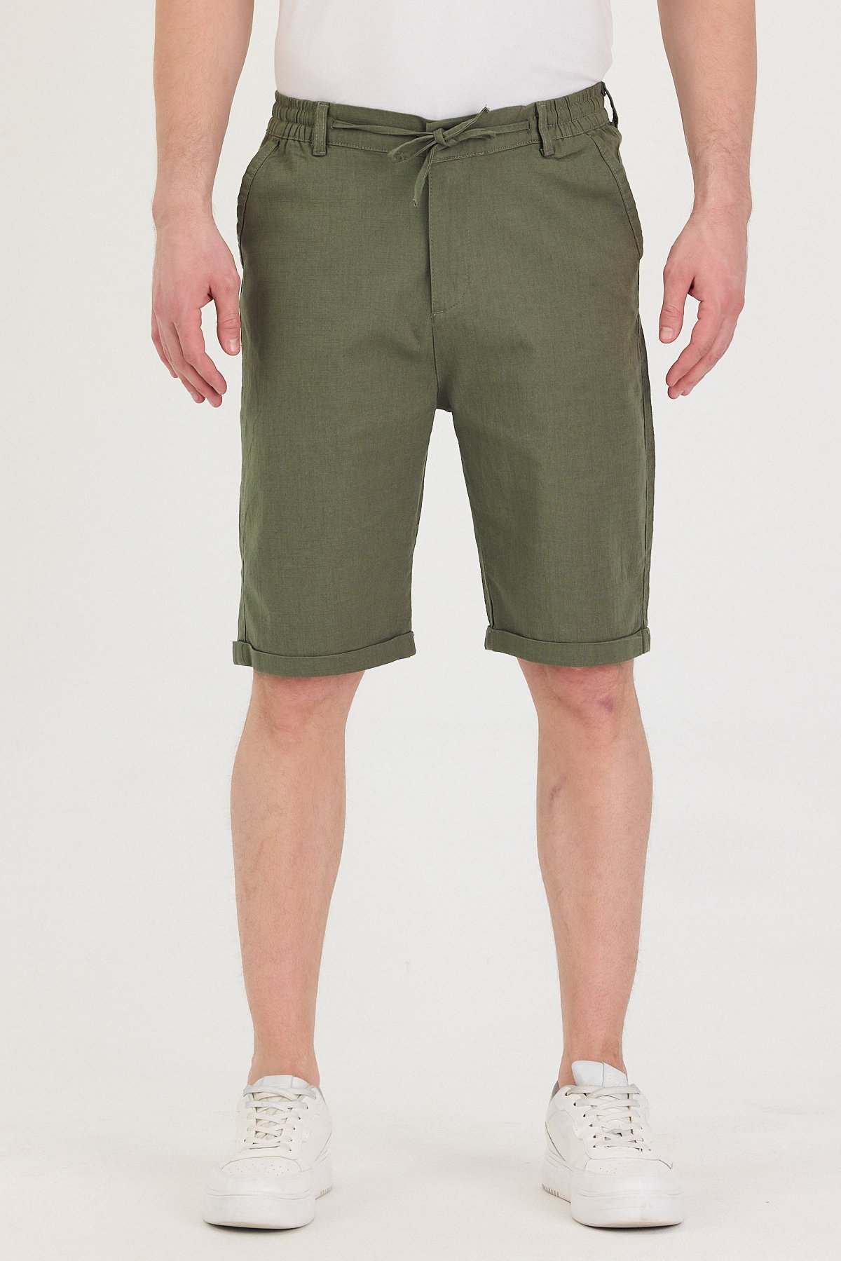 Erkek Slim Fit Keten Chino Şort - Koyu Çağla