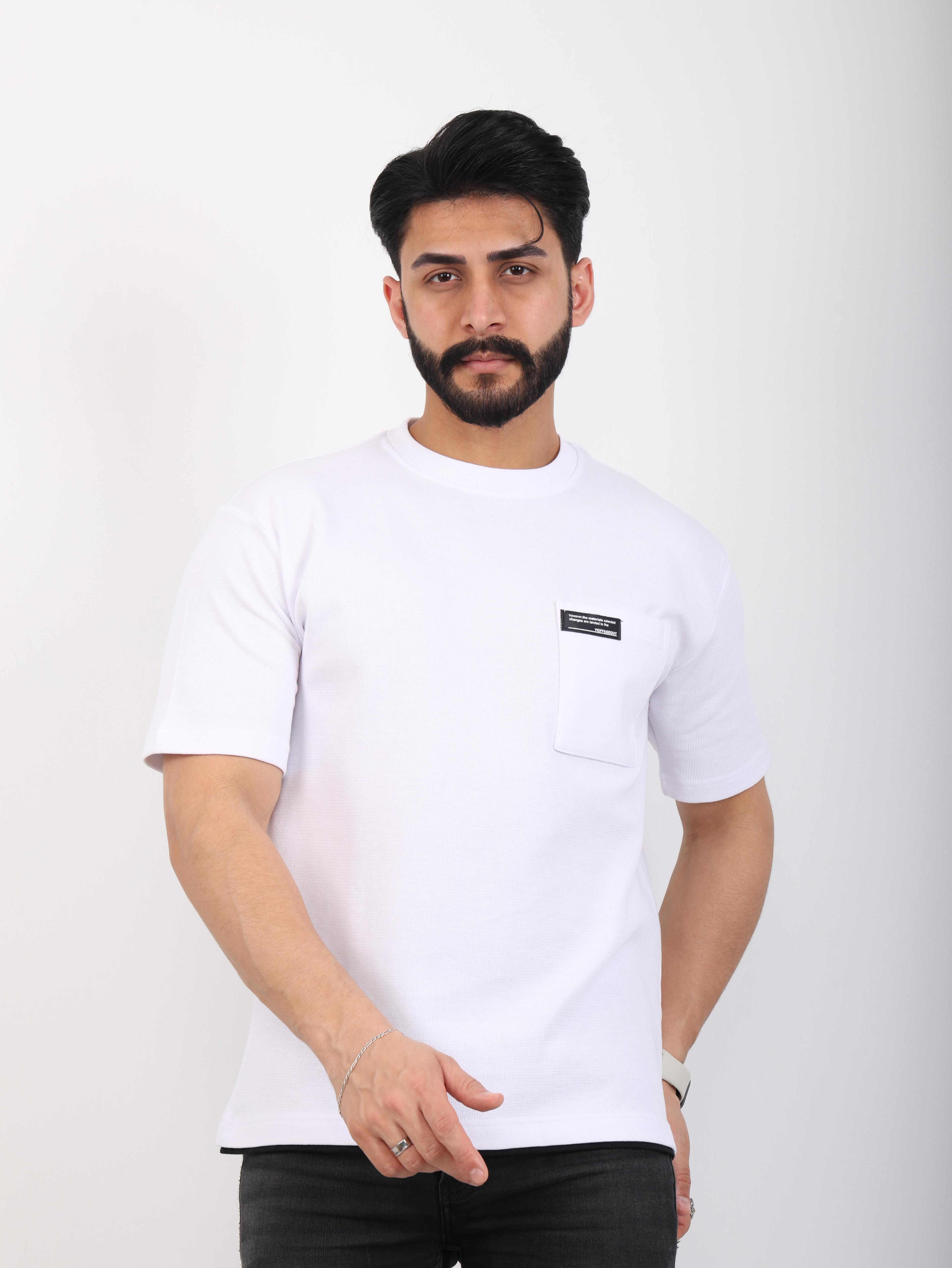 Erkek Bisiklet Yaka Cepli Oversize Tişört - Beyaz