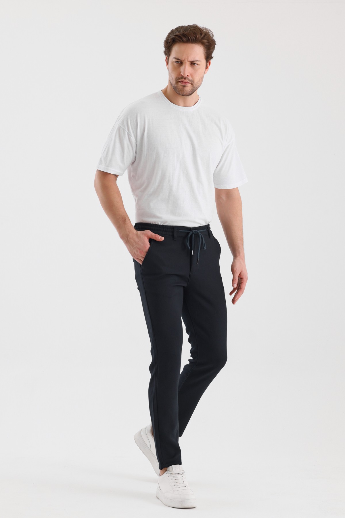 Fitilli Kumaş Beli Lastikli Erkek Chino Pantolon - Lacivert