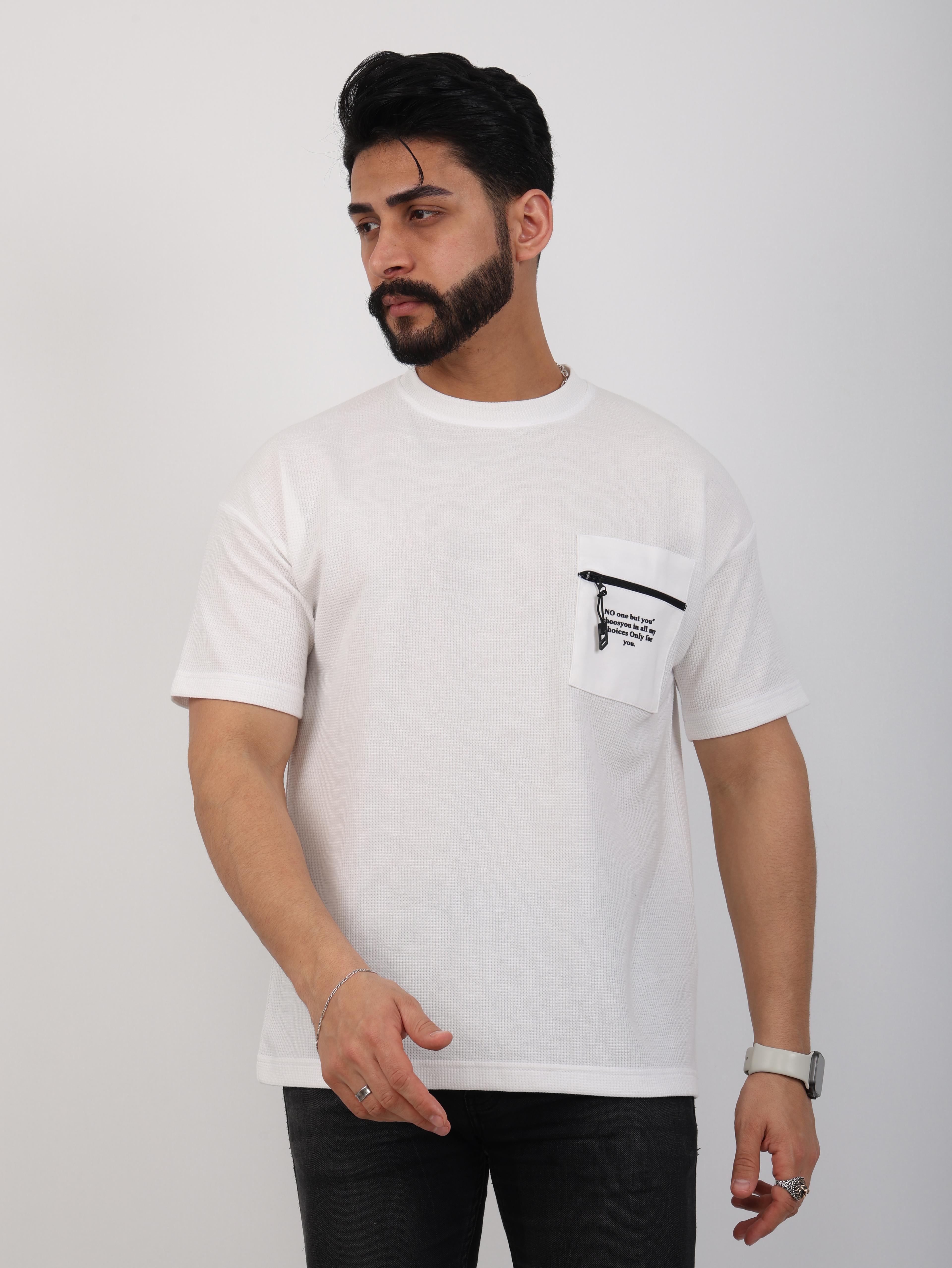 Erkek Bisiklet Yaka Baskılı Cep Detaylı Oversize Tişört - Beyaz