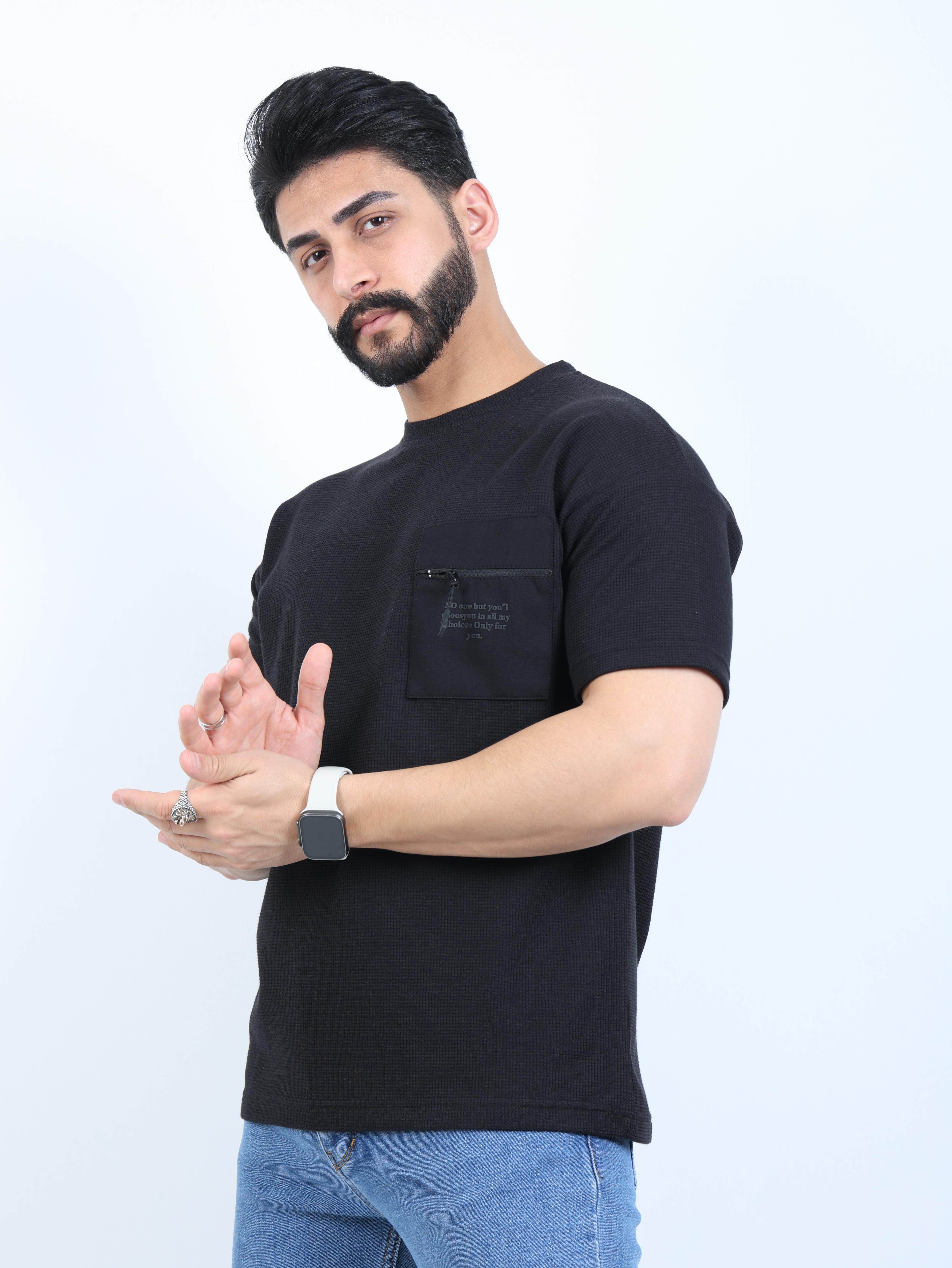 Erkek Bisiklet Yaka Baskılı Cep Detaylı Oversize Tişört