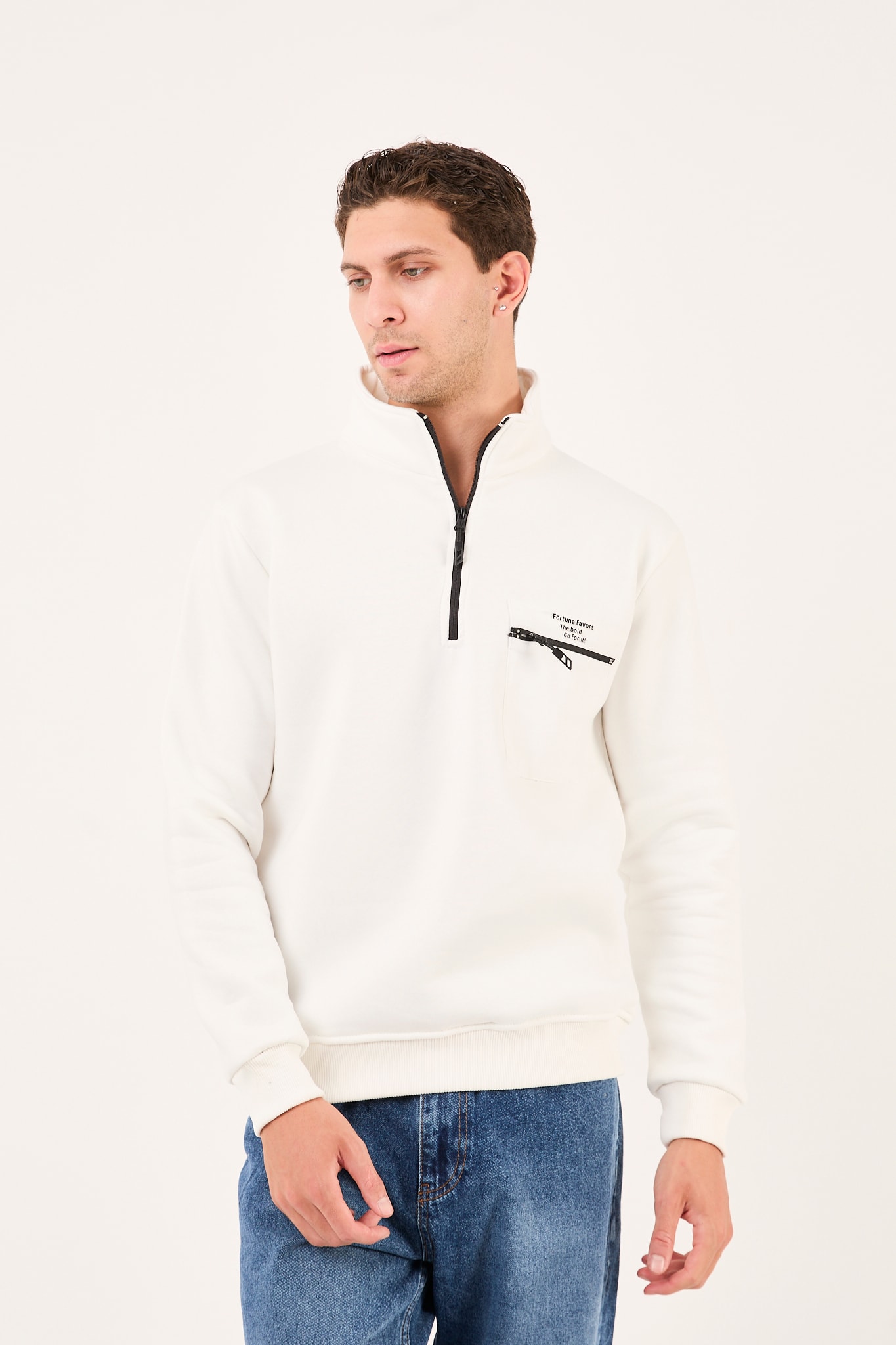 Regular/Normal Kesim Dik Yaka Fermuarlı Pamuklu Basic Erkek Sweatshirt -R2617