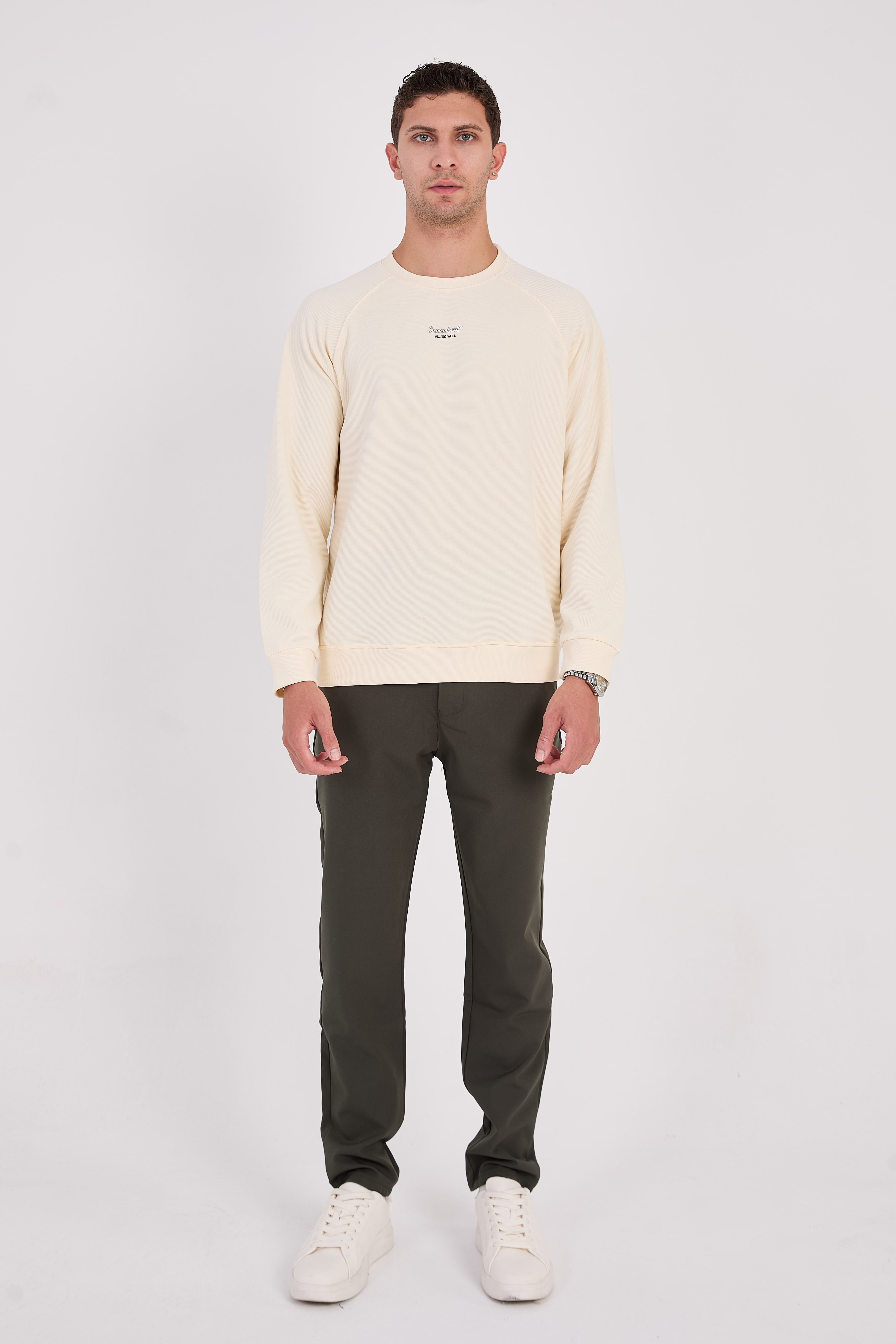 Rahat Kesim Dokulu Ottoman Kumaş Baskılı Erkek Sweatshirt -R2601 - Ekru