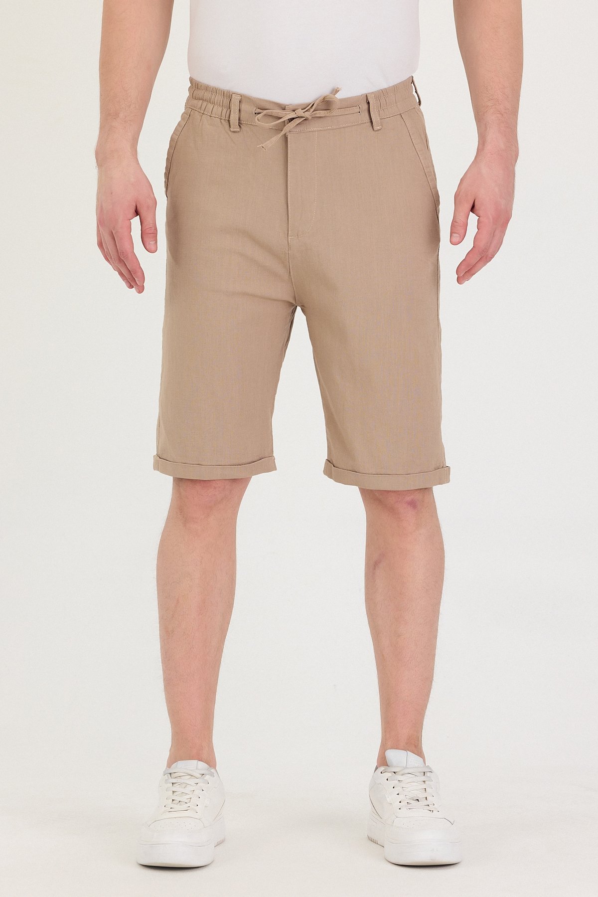 Erkek Slim Fit Keten Chino Şort - Bej