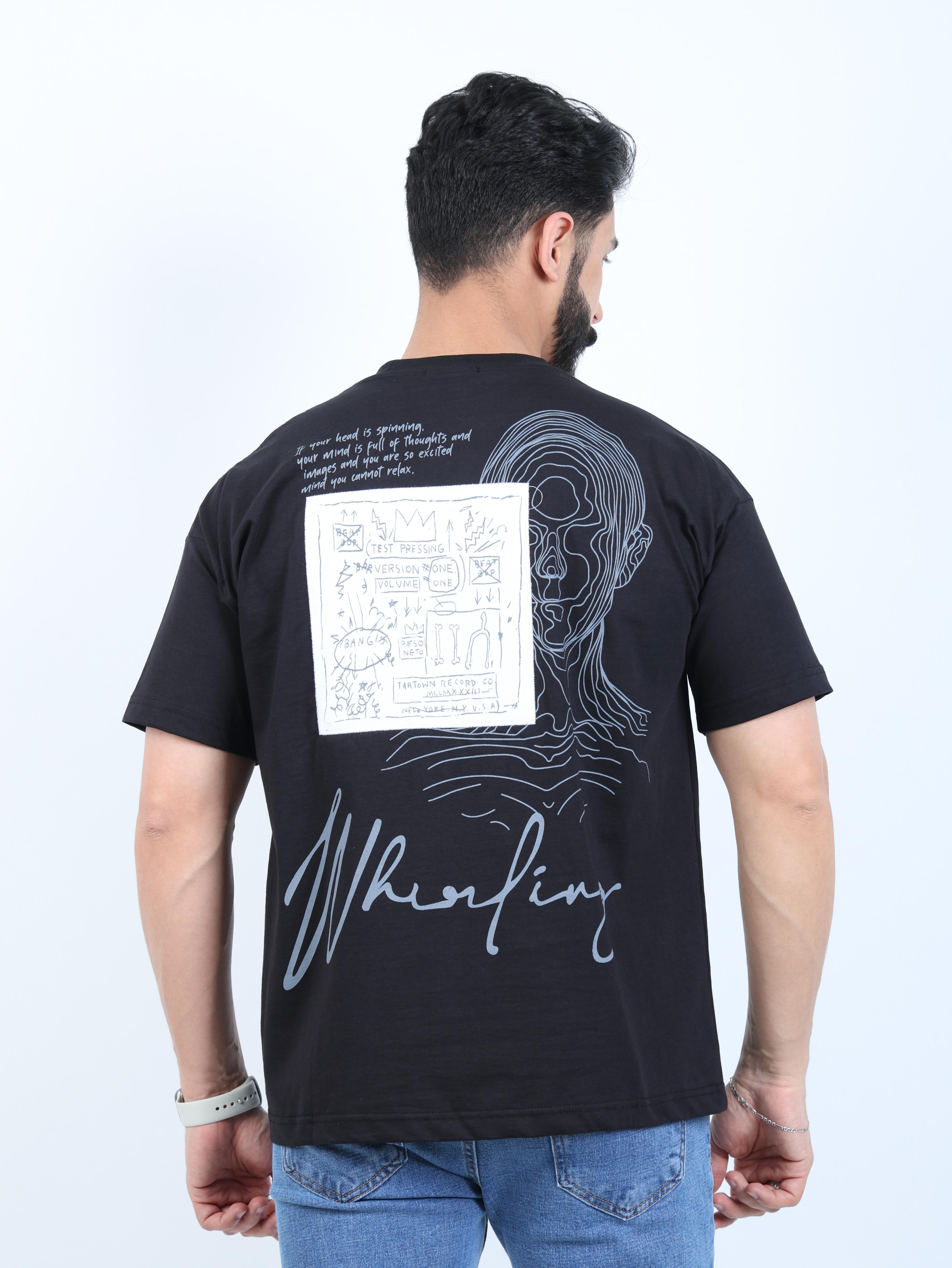 Erkek Bisiklet Yaka Baskılı Nakışlı Oversize Tişört