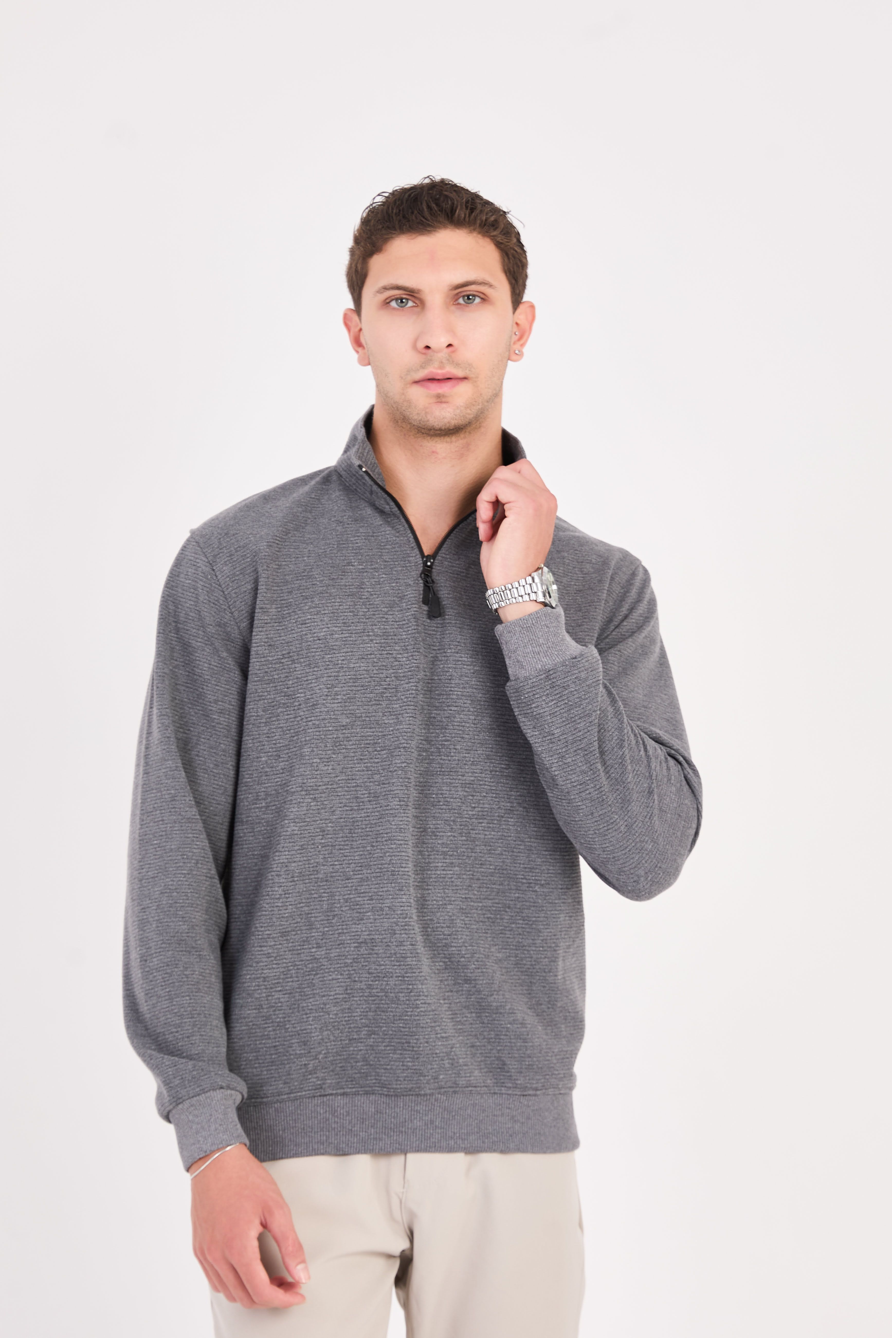 Slim Fit Yarım Balıkçı Yaka Yarım Fermuarlı Düz Renk Erkek Sweatshirt - V002