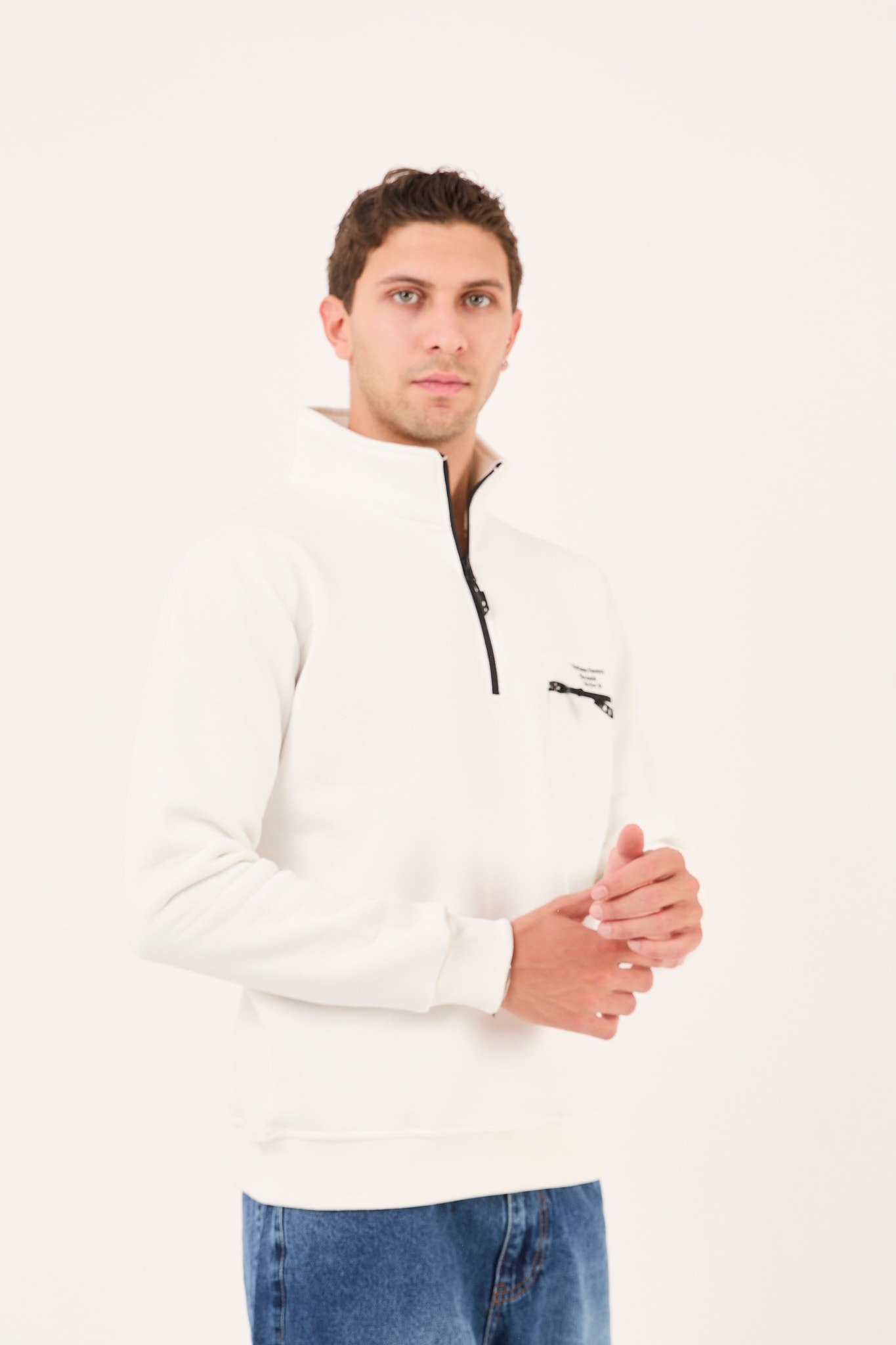 Regular/Normal Kesim Dik Yaka Fermuarlı Pamuklu Basic Erkek Sweatshirt -R2617 - Ekru