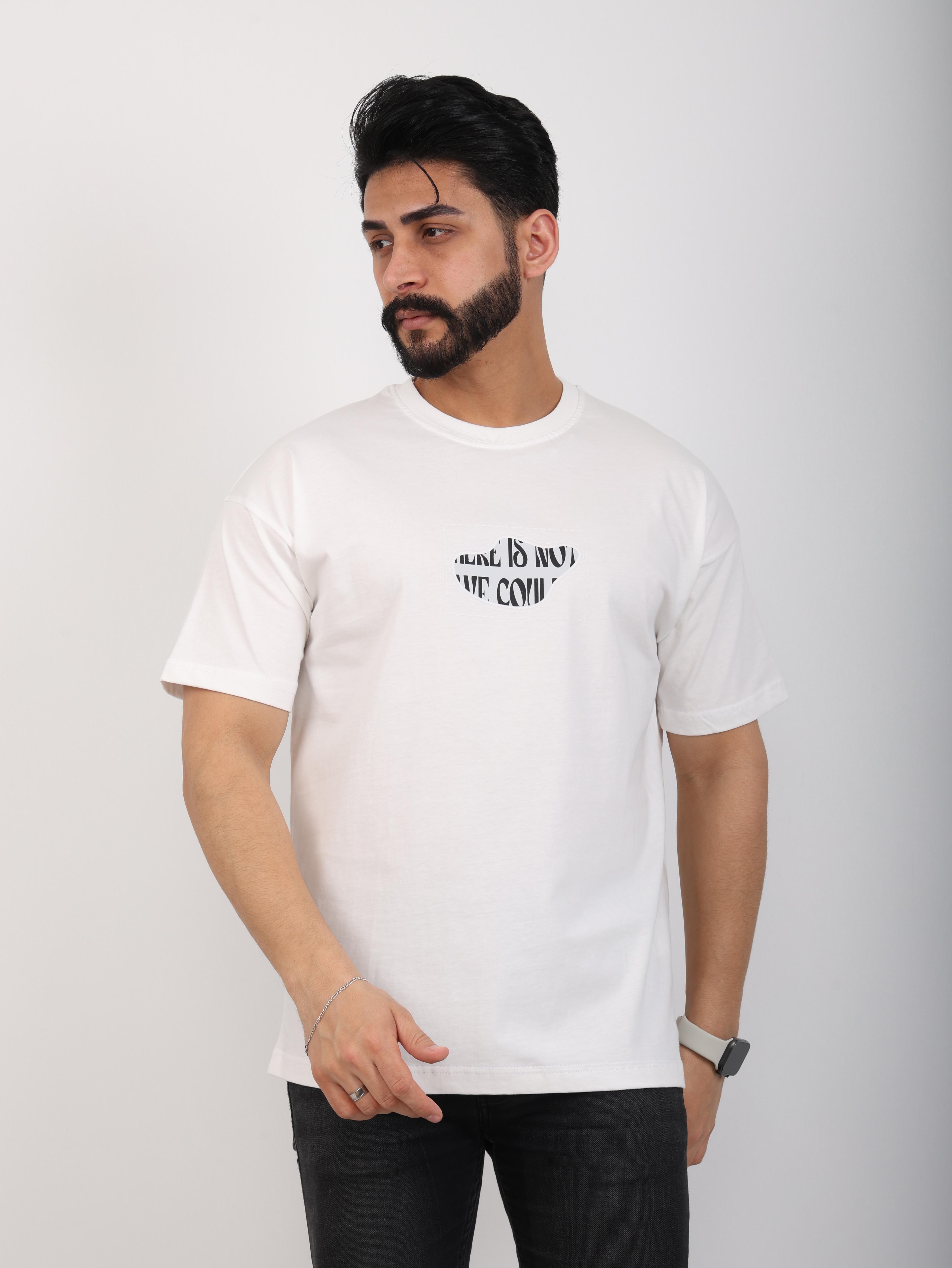 Erkek Bisiklet Yaka Baskılı Oversize Tişört - Beyaz