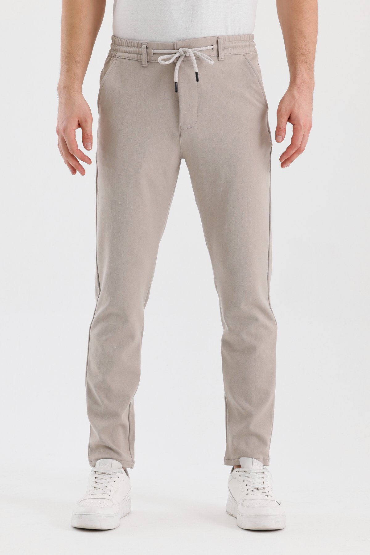 Mevsimlik Örme Kumaş Beli Lastikli Erkek Chino Pantolon - Taş