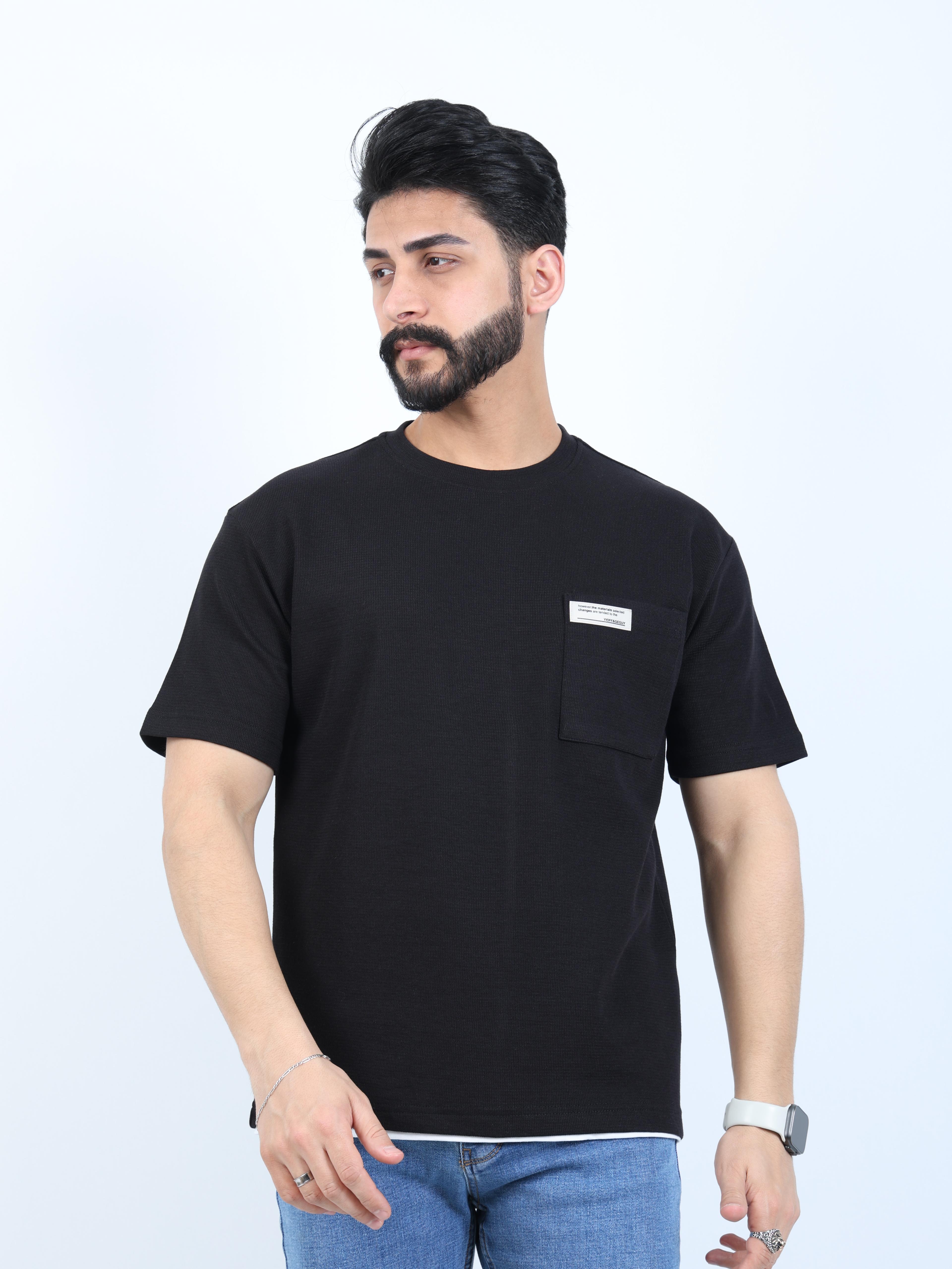 Erkek Bisiklet Yaka Cepli Oversize Tişört - Siyah