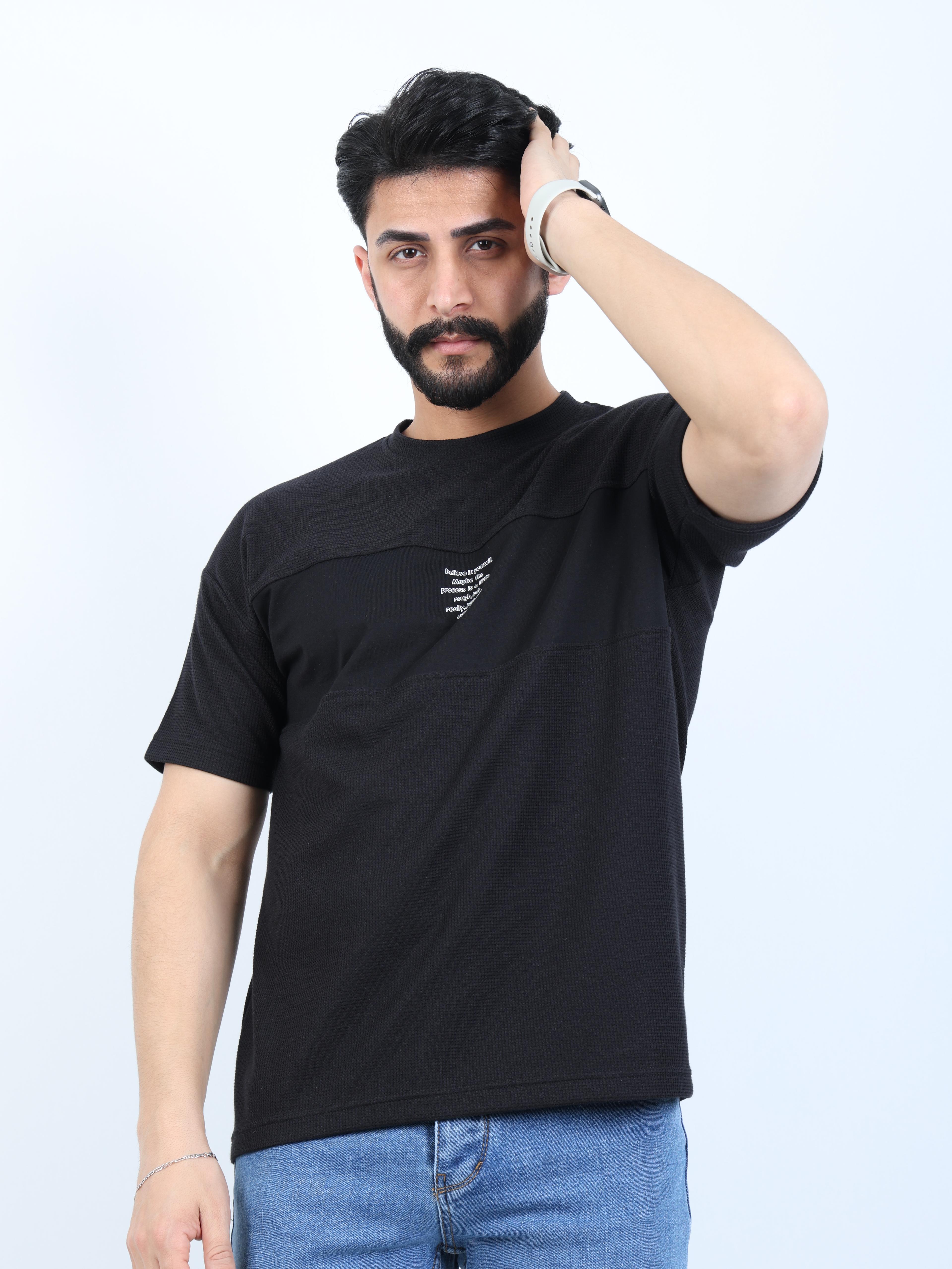 Erkek Bisiklet Yaka Baskılı Oversize Tişört - Siyah