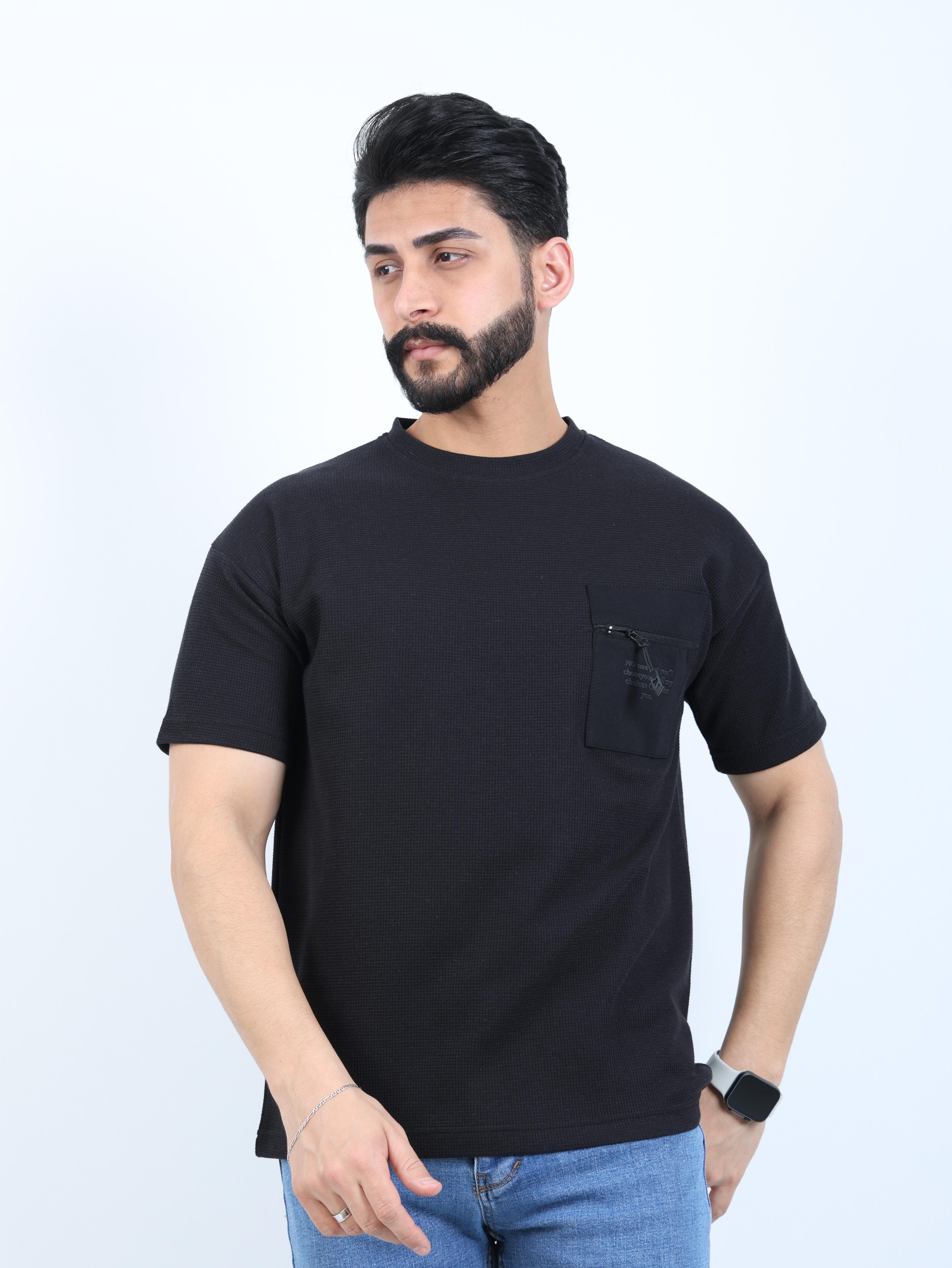 Erkek Bisiklet Yaka Baskılı Cep Detaylı Oversize Tişört - Siyah